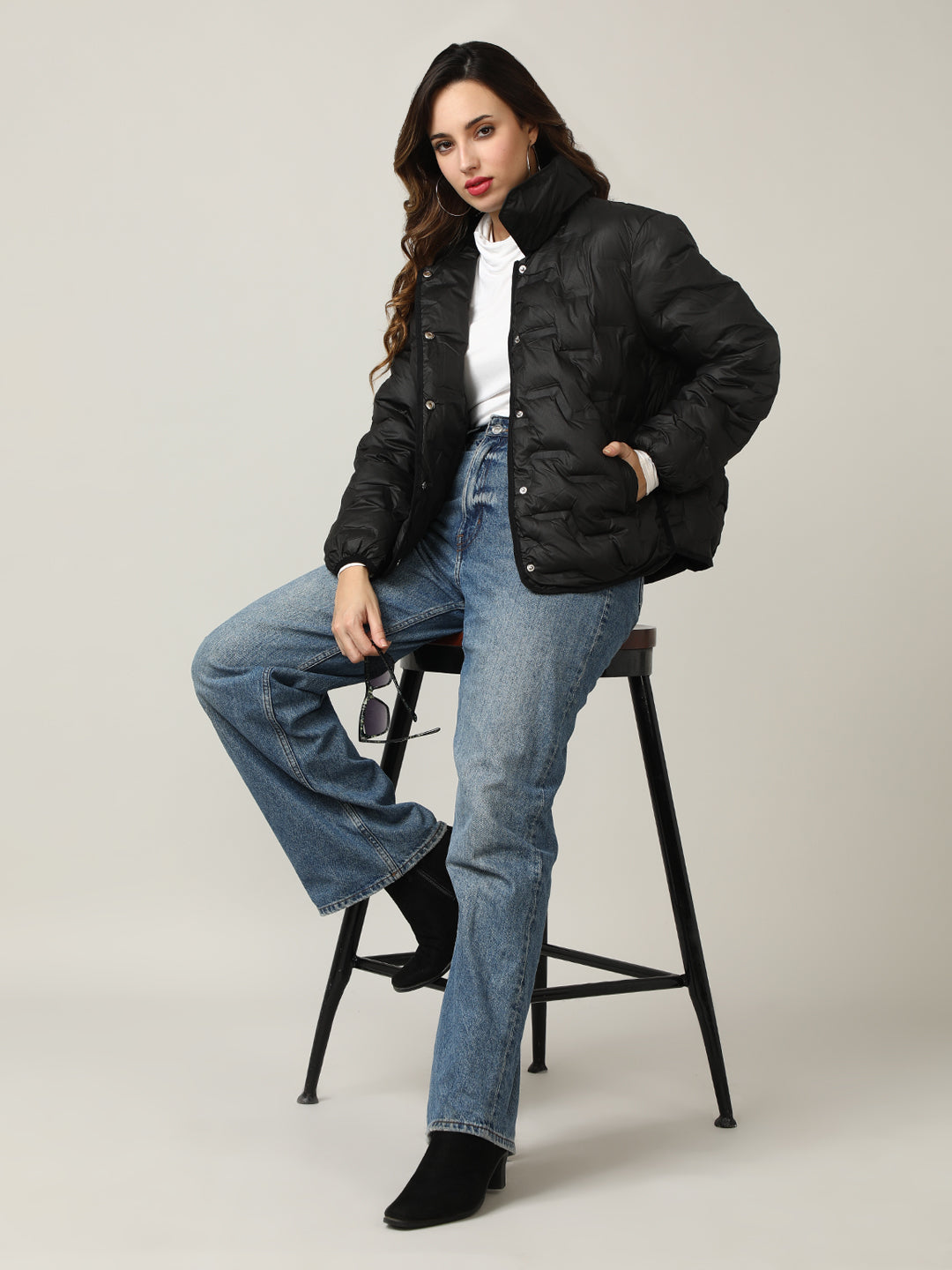 Stylish Black Button-Up Puffer Jacket