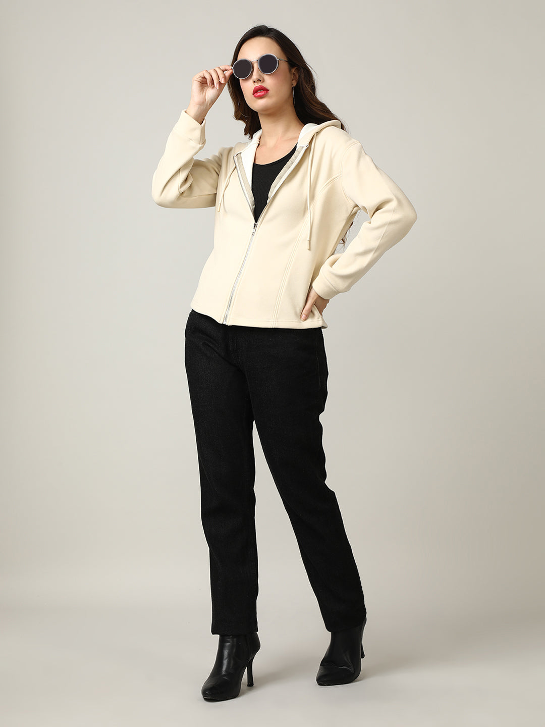 Women's Beige Full-Zip Fleece Hoodie Sweatshirt