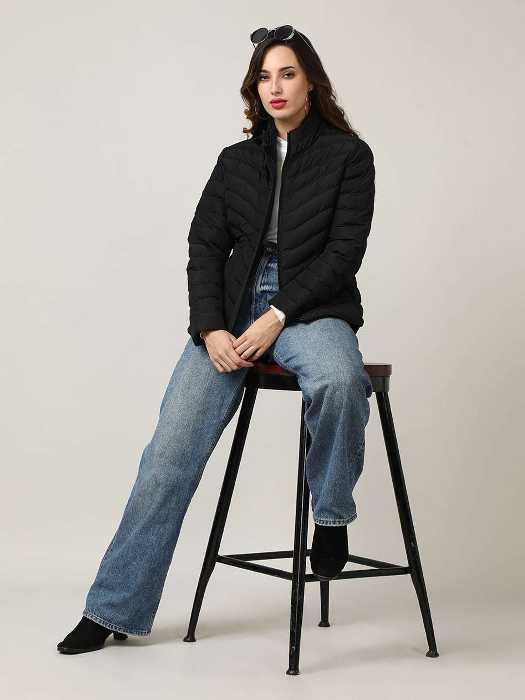 Stylish black Puffer Jacket with Bow Detail