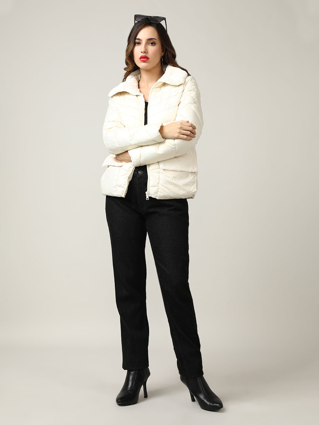 Women's Cream Quilted Puffer Jacket with Faux Fur Collar