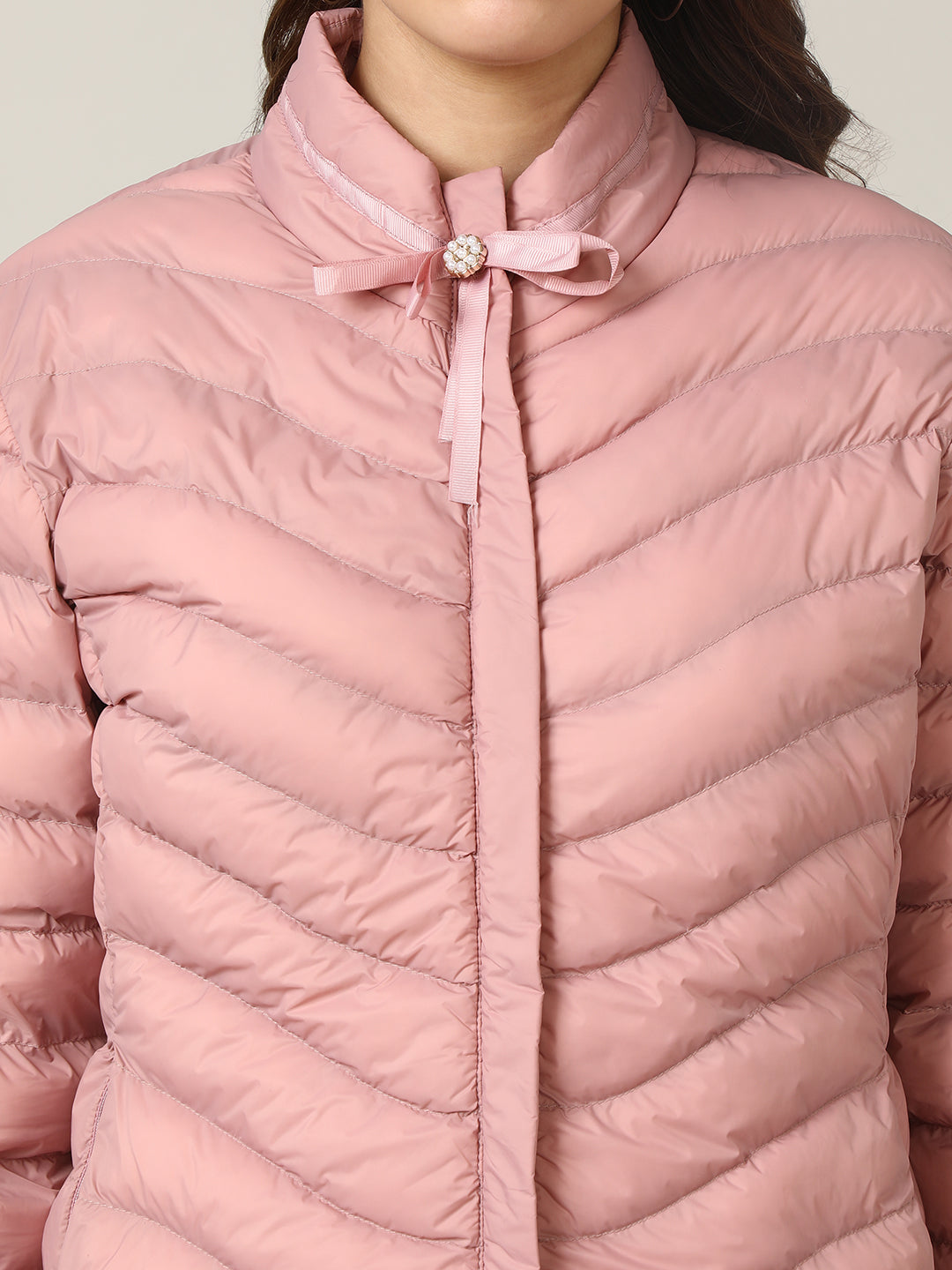 Stylish Chic Pink Puffer Jacket with Bow Detail