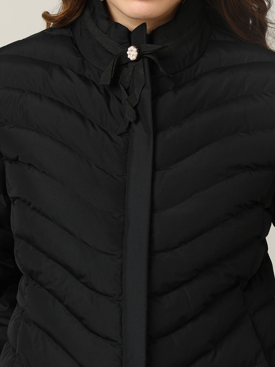 Stylish black Puffer Jacket with Bow Detail