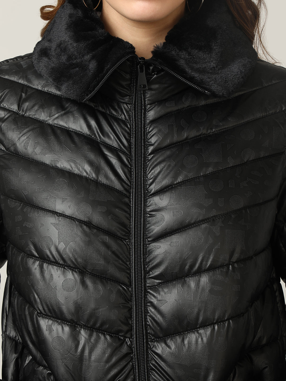 Women's Black Quilted Puffer Jacket with Faux Fur Collar