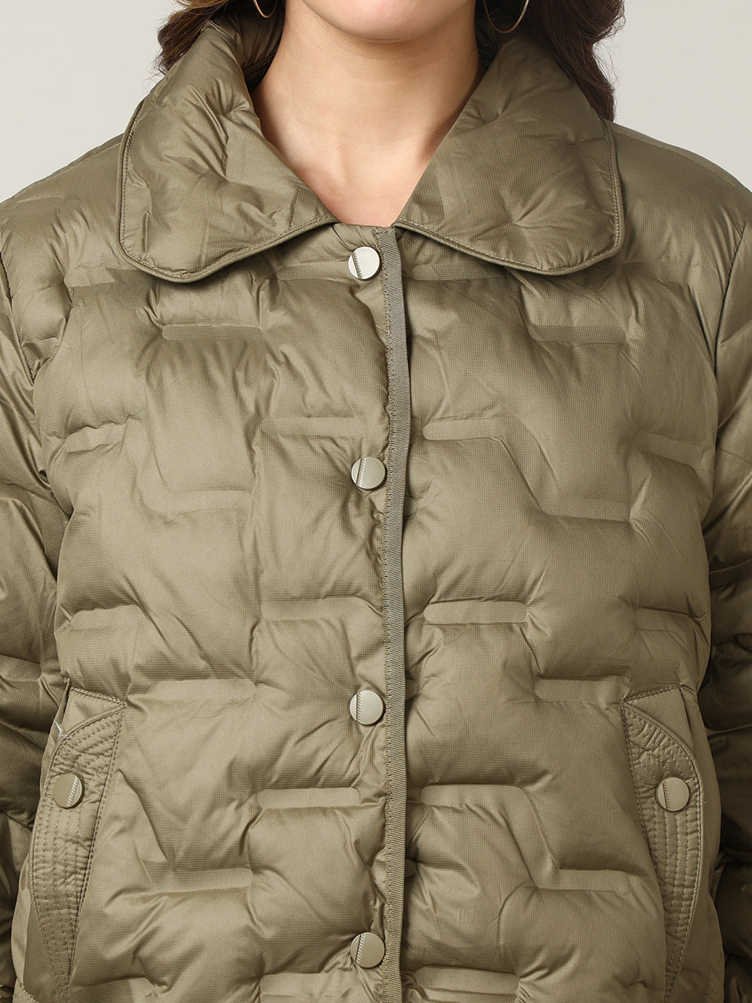 Stylish Olive Button-Up Puffer Jacket