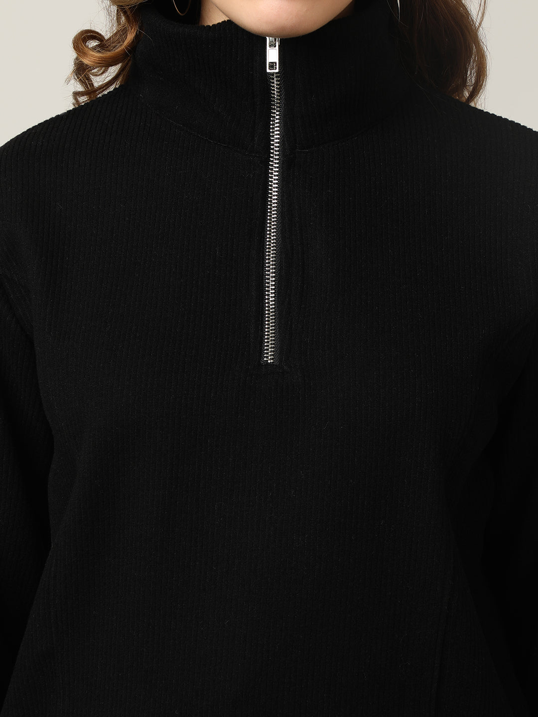 Ribbed Black Half-Zip Pullover Sweatshirt