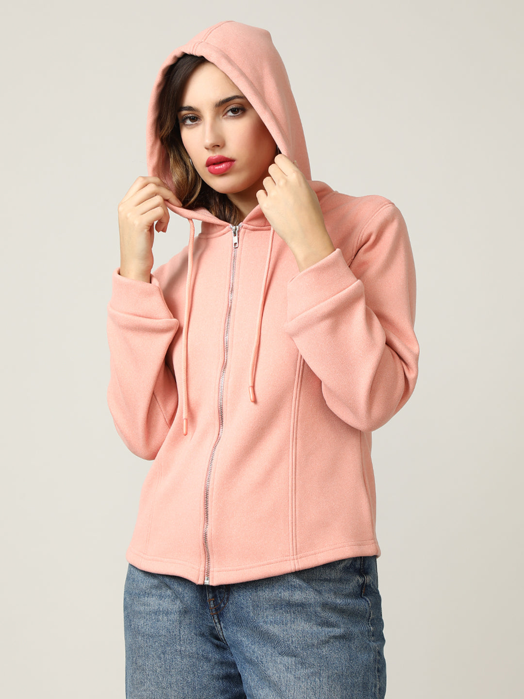 Women's Peach Full-Zip Fleece Hoodie Sweatshirt