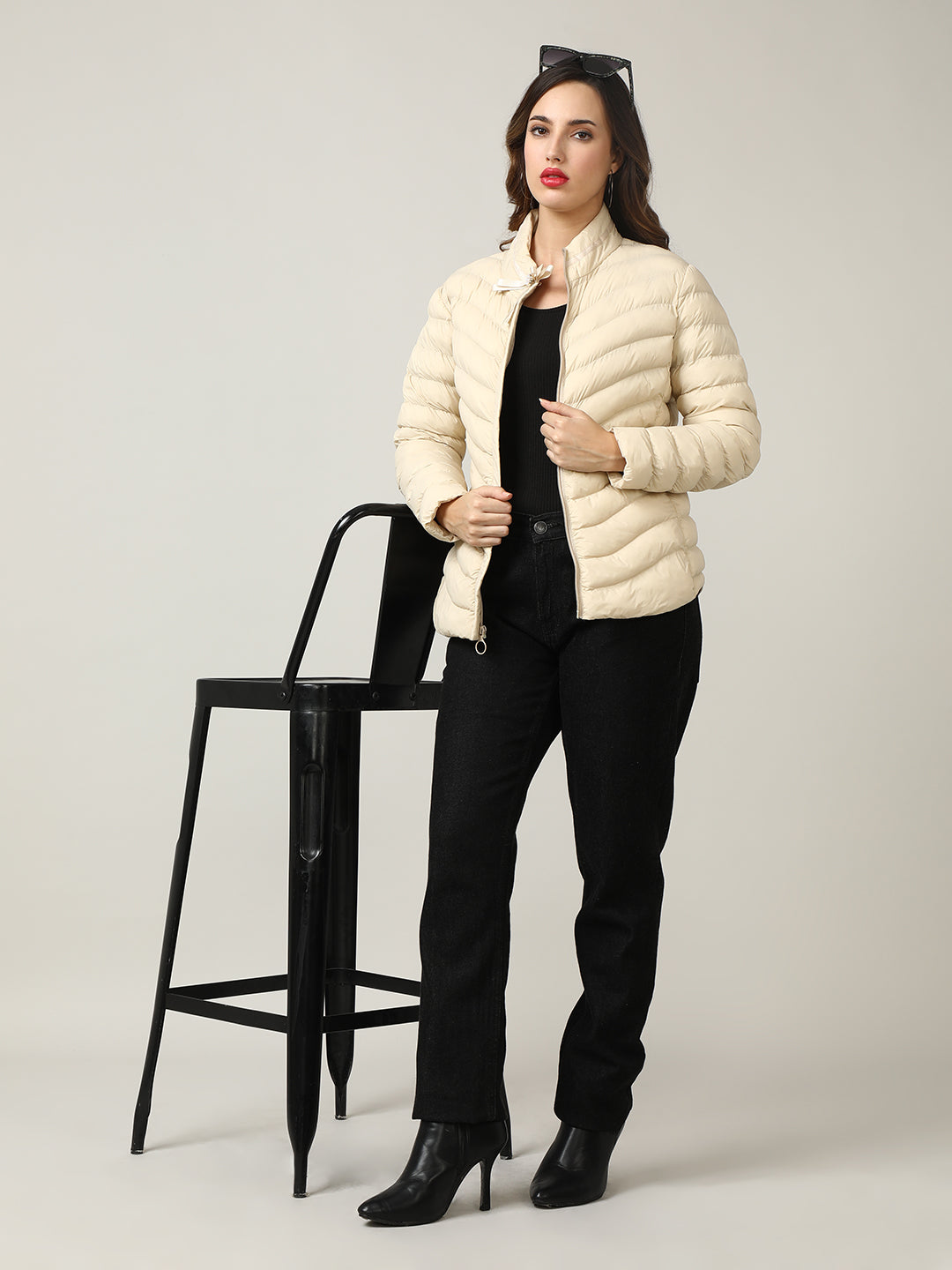 Stylish Cream Puffer Jacket with Bow Detail