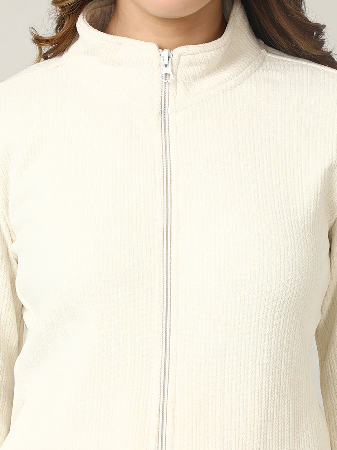 Classic Ecru Ribbed Full-Zip Jacket