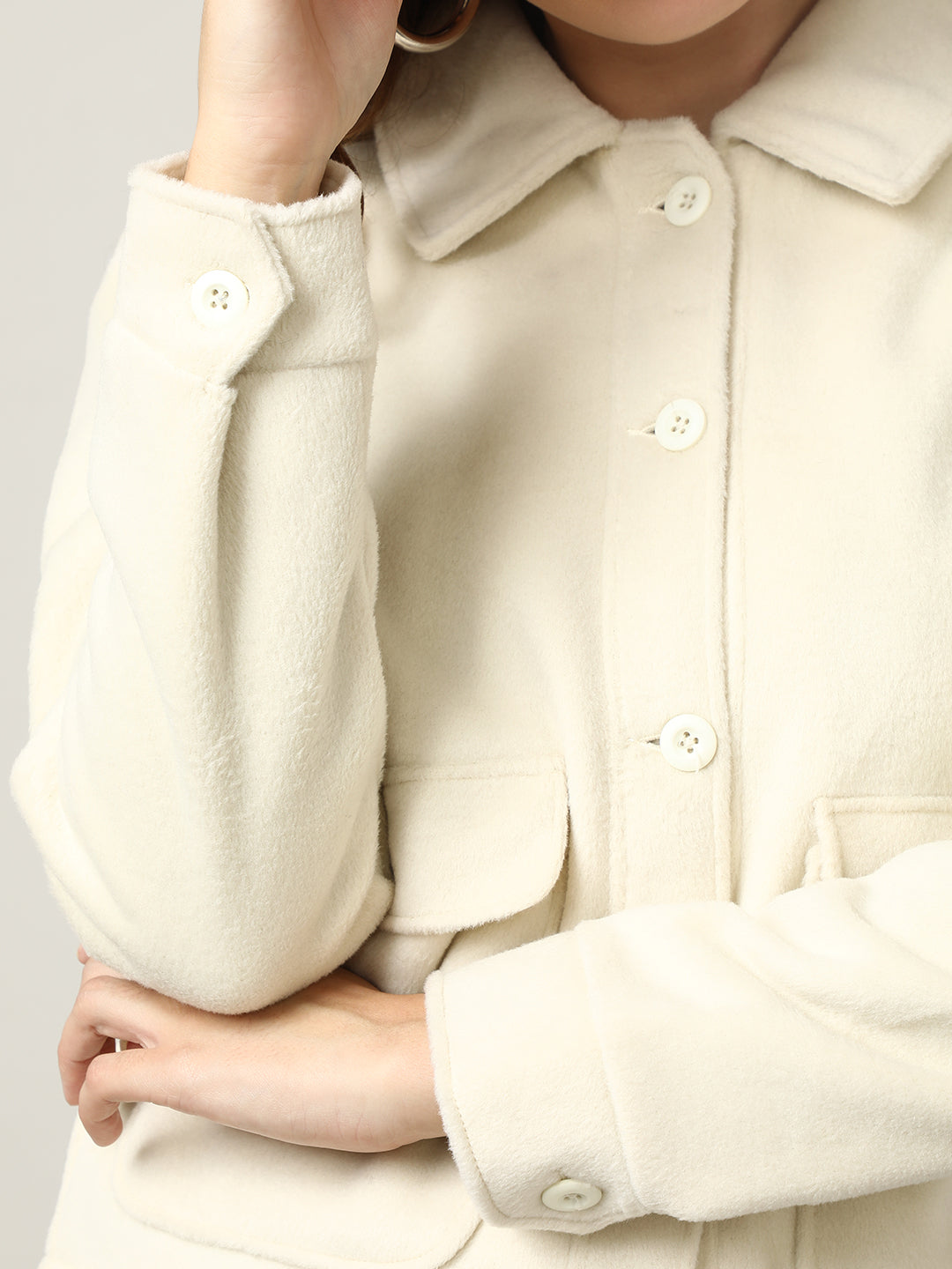 Women's Cream Button-Up Tweed Shacket