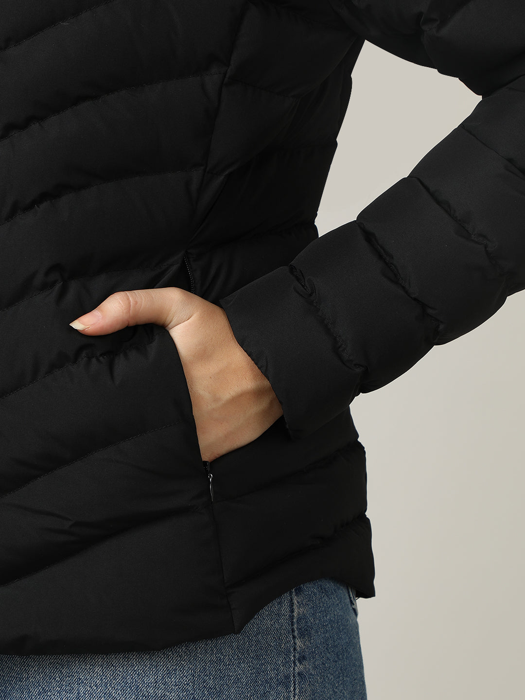 Stylish black Puffer Jacket with Bow Detail