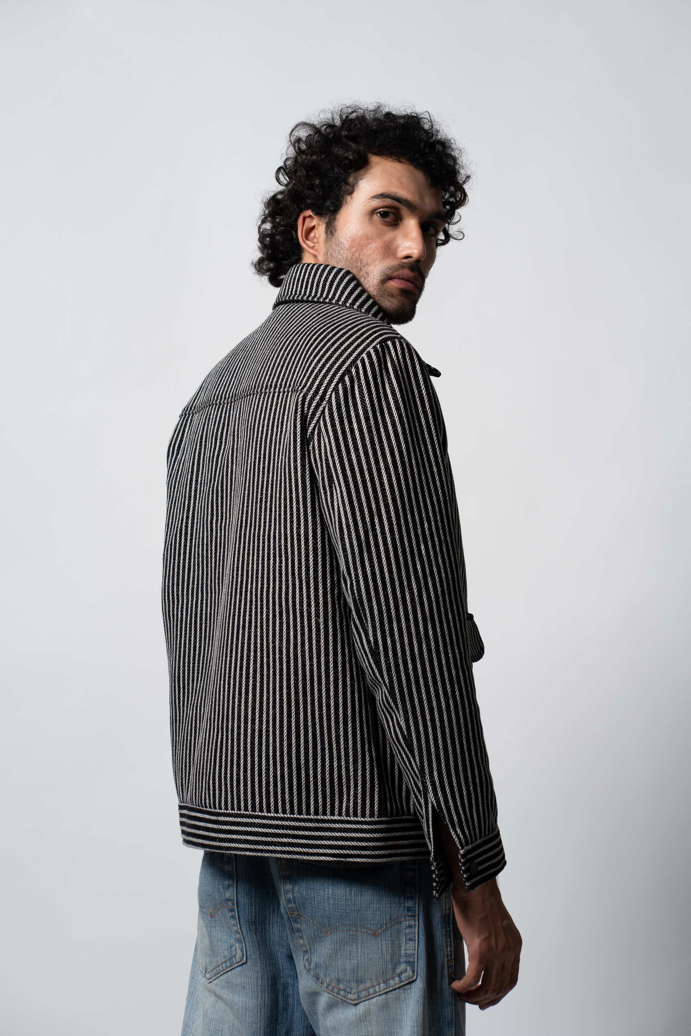 Men's Navy Striped Tweed Jacket with Dual Pockets
