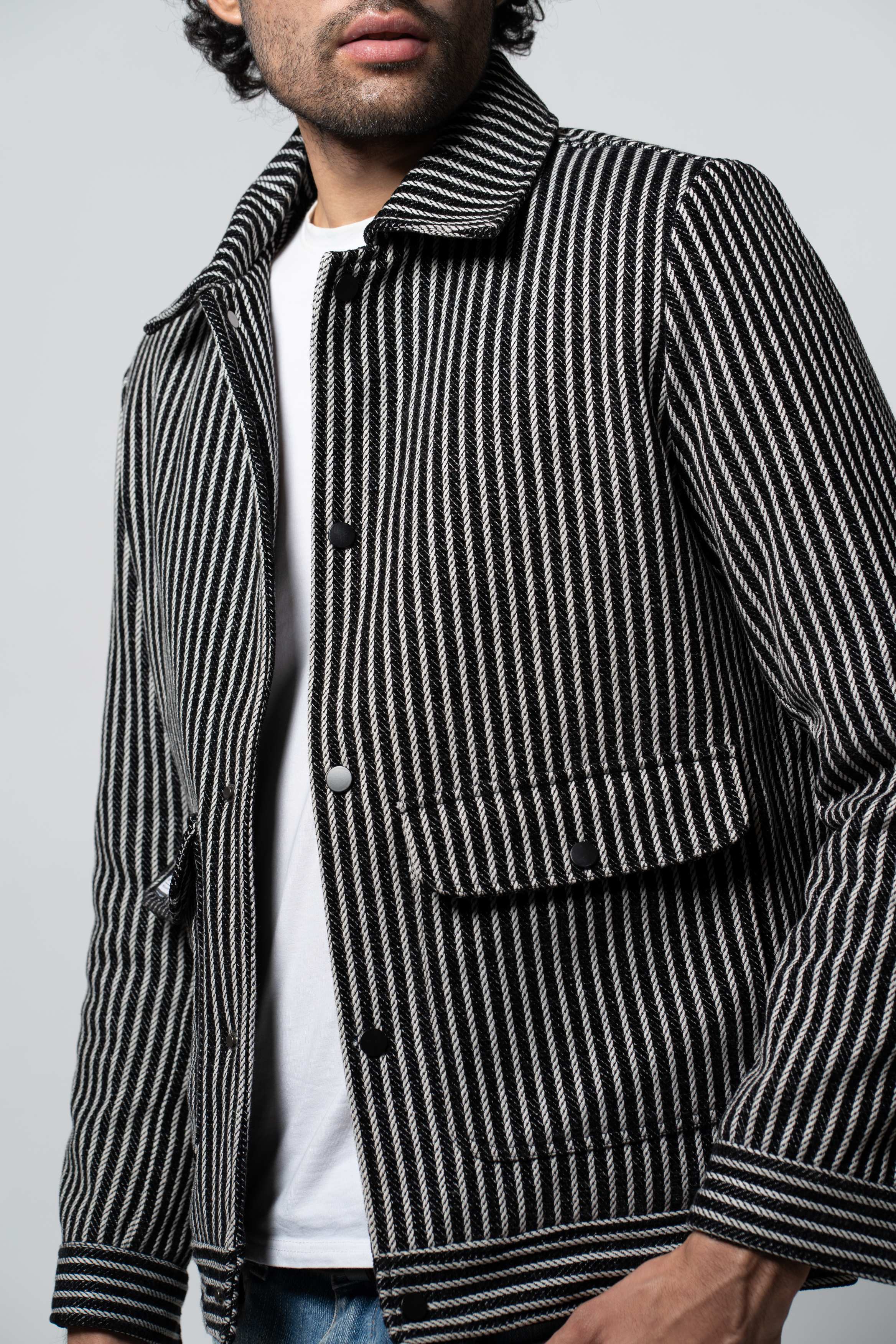Men's Navy Striped Tweed Jacket with Dual Pockets