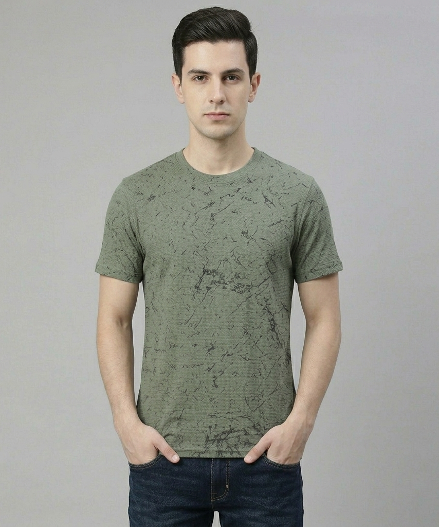 Men's Green Cotton Blend Round neck T-Shirt