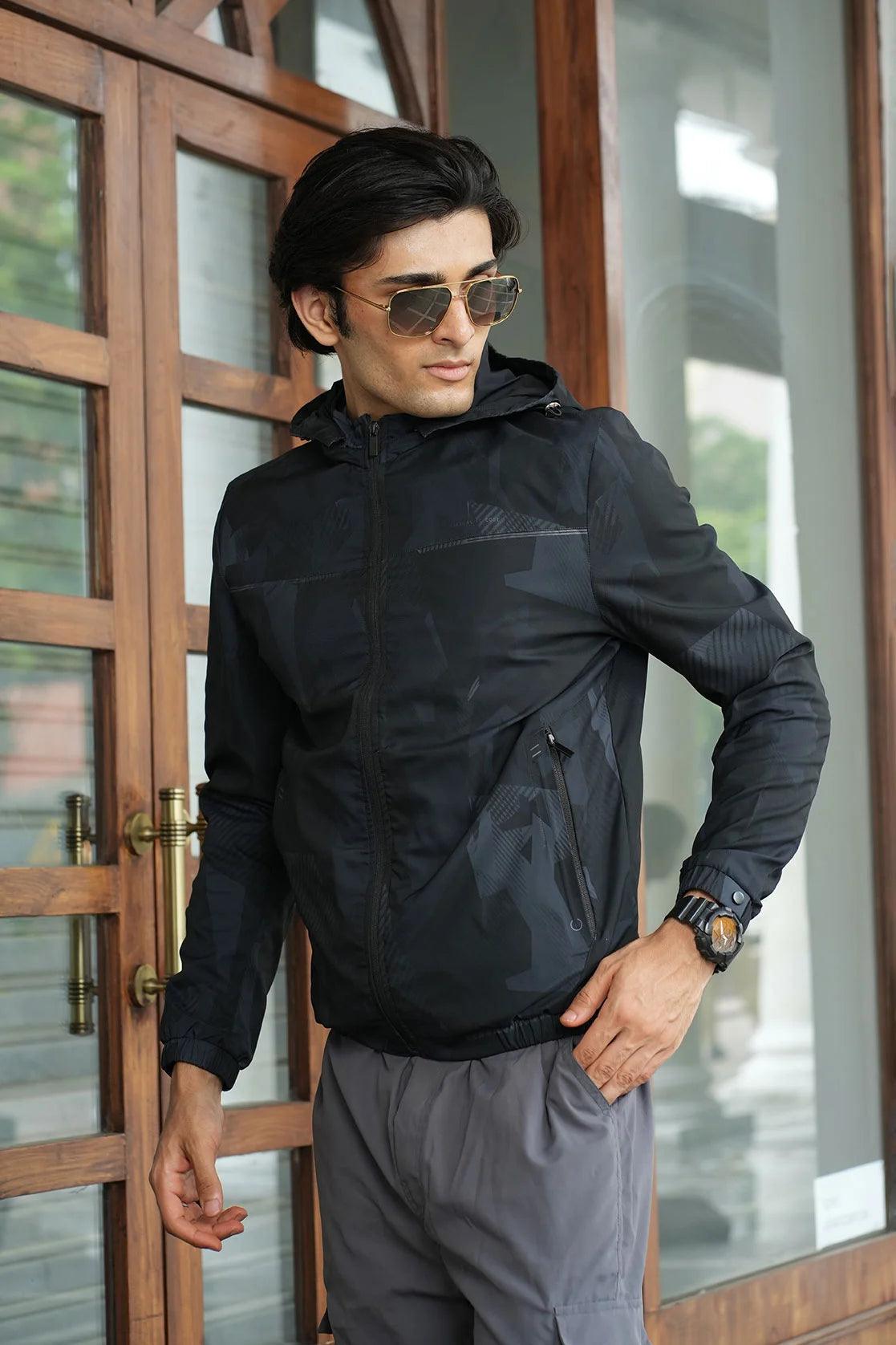 Men s Black Lightweight Windbreaker Jacket with Detachable Hood