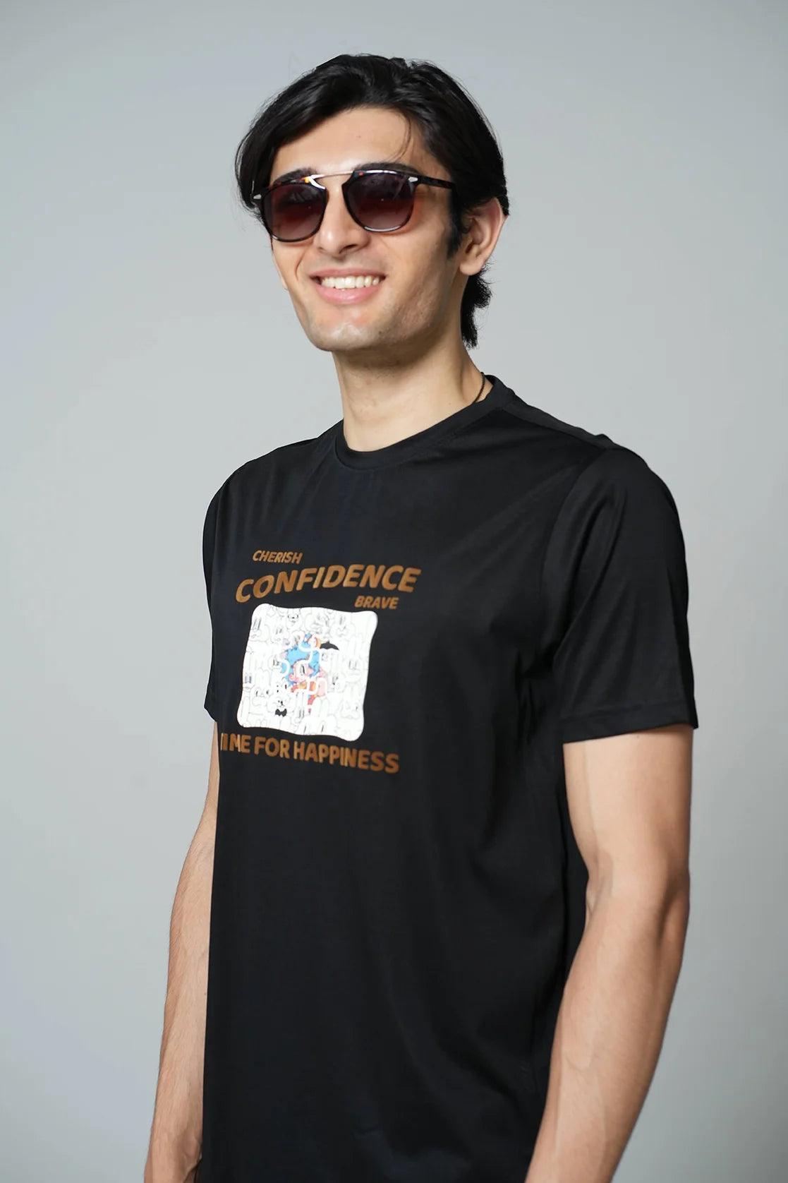 Upgrade your wardrobe with the Men's Black Graphic Print T-Shirt by Fort Collins, available for purchase online from anywhere in India.