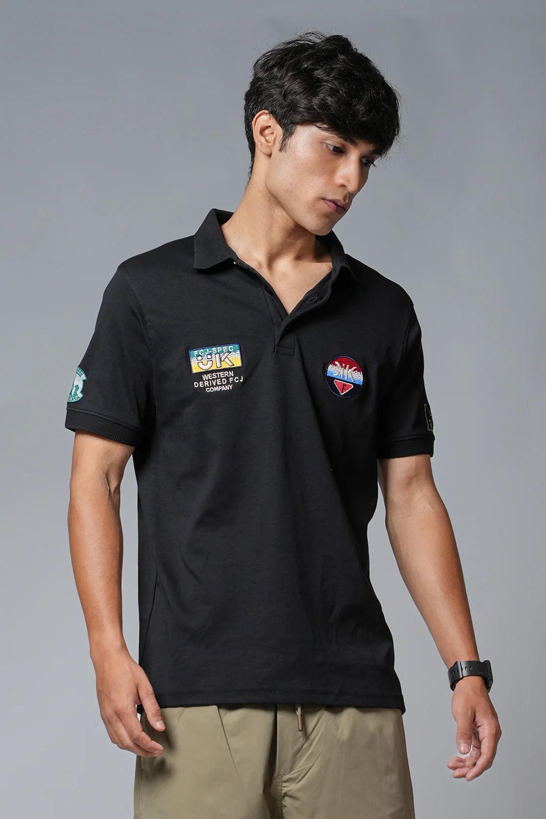 Upgrade your wardrobe with the trendy Men's Black Polo Collar T-Shirt featuring Embroidery Patches by Fort Collins. Shop now online and elevate your style from anywhere in India.