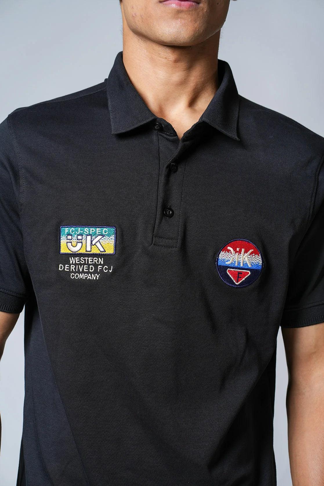 Upgrade your wardrobe with the Men's Black Polo Collar T-Shirt featuring Embroidery Patches by Fort Collins. Shop online now for a stylish addition to your closet from anywhere in India.