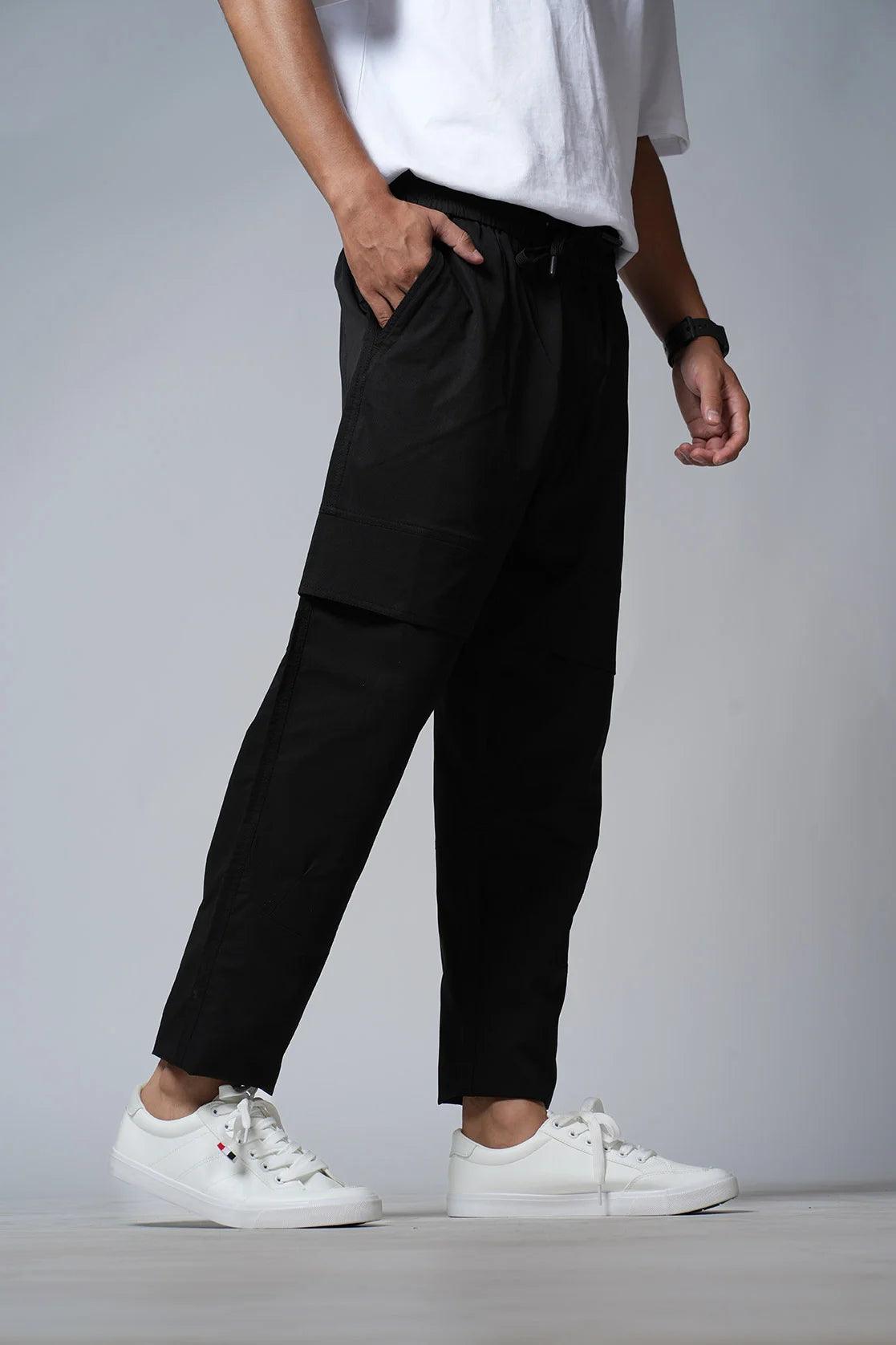 Men's Black Poly Twill Cargo Track Pant with Zipper Pockets