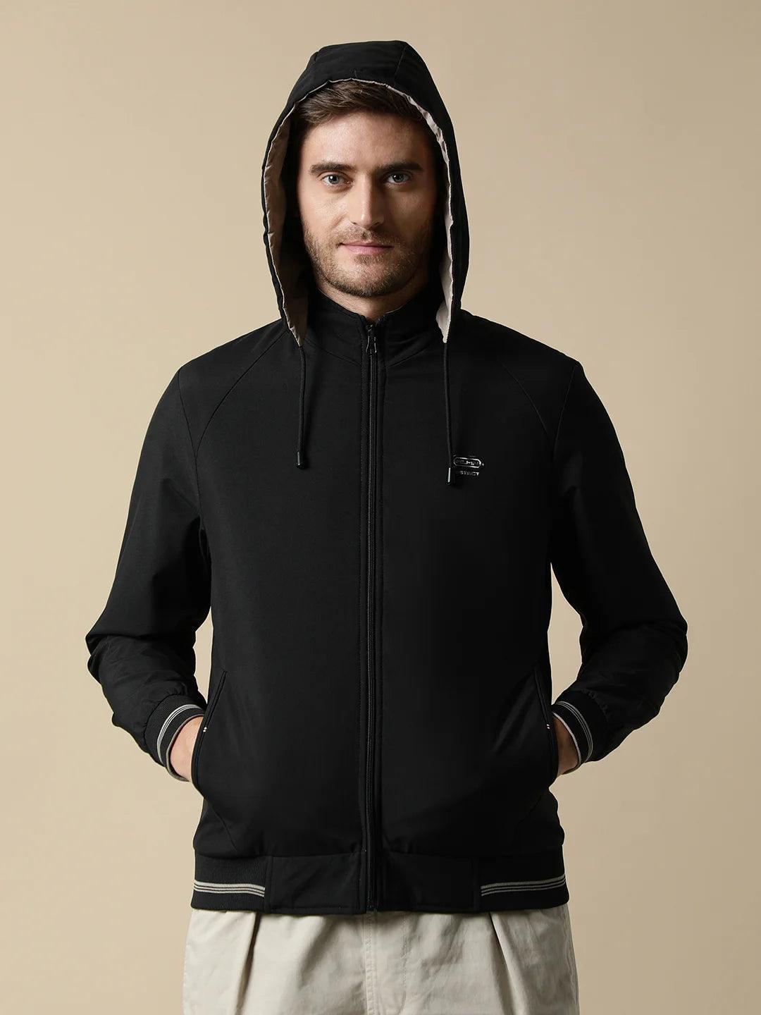 Men s Black Reversible Windbreaker With Detachable Hood