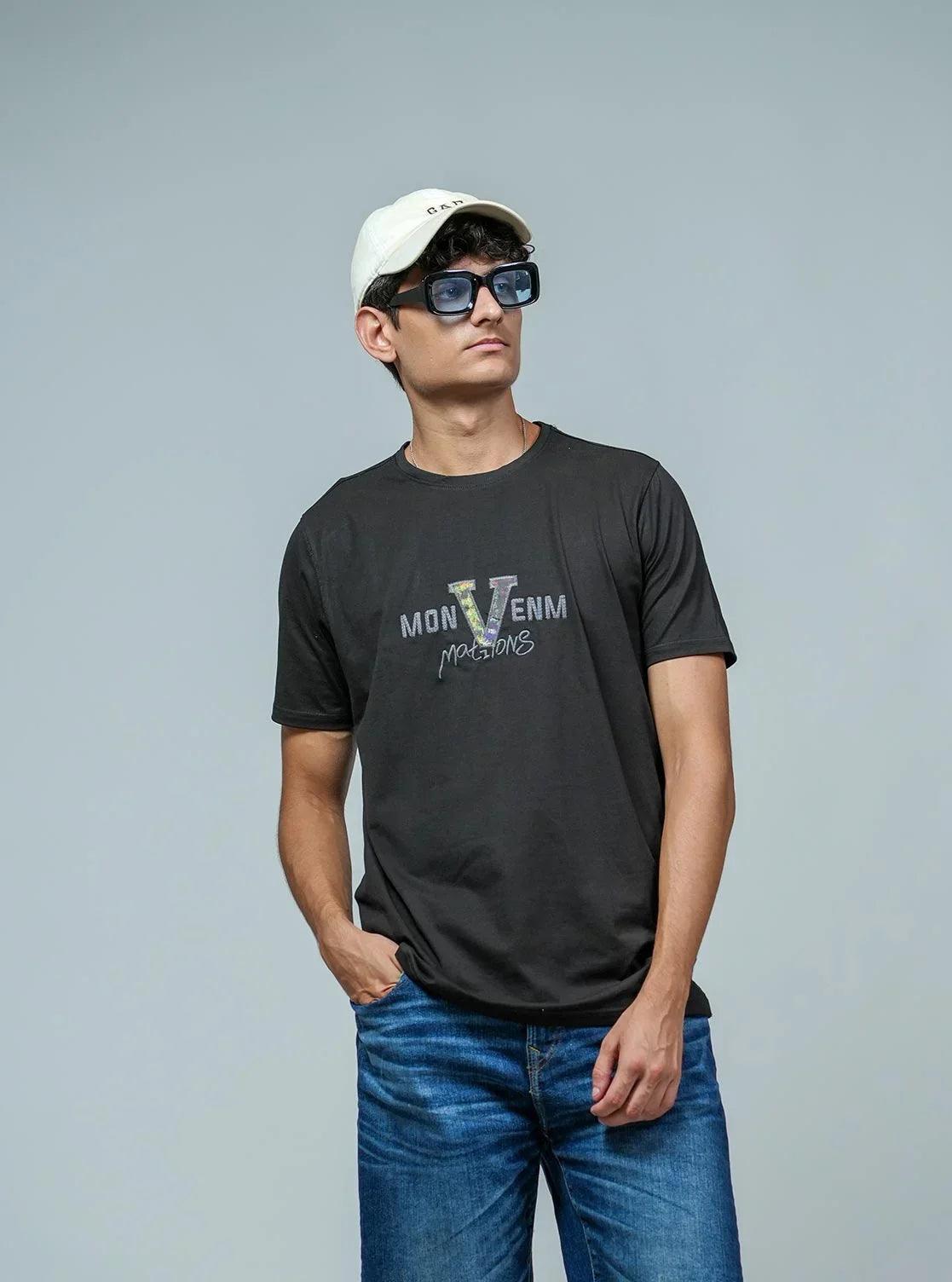 This high-quality black t-shirt for men from Fort Collins features a round neck, short sleeves, and intricate embroidery and graphic prints, making it a stylish and versatile addition to any wardrobe.