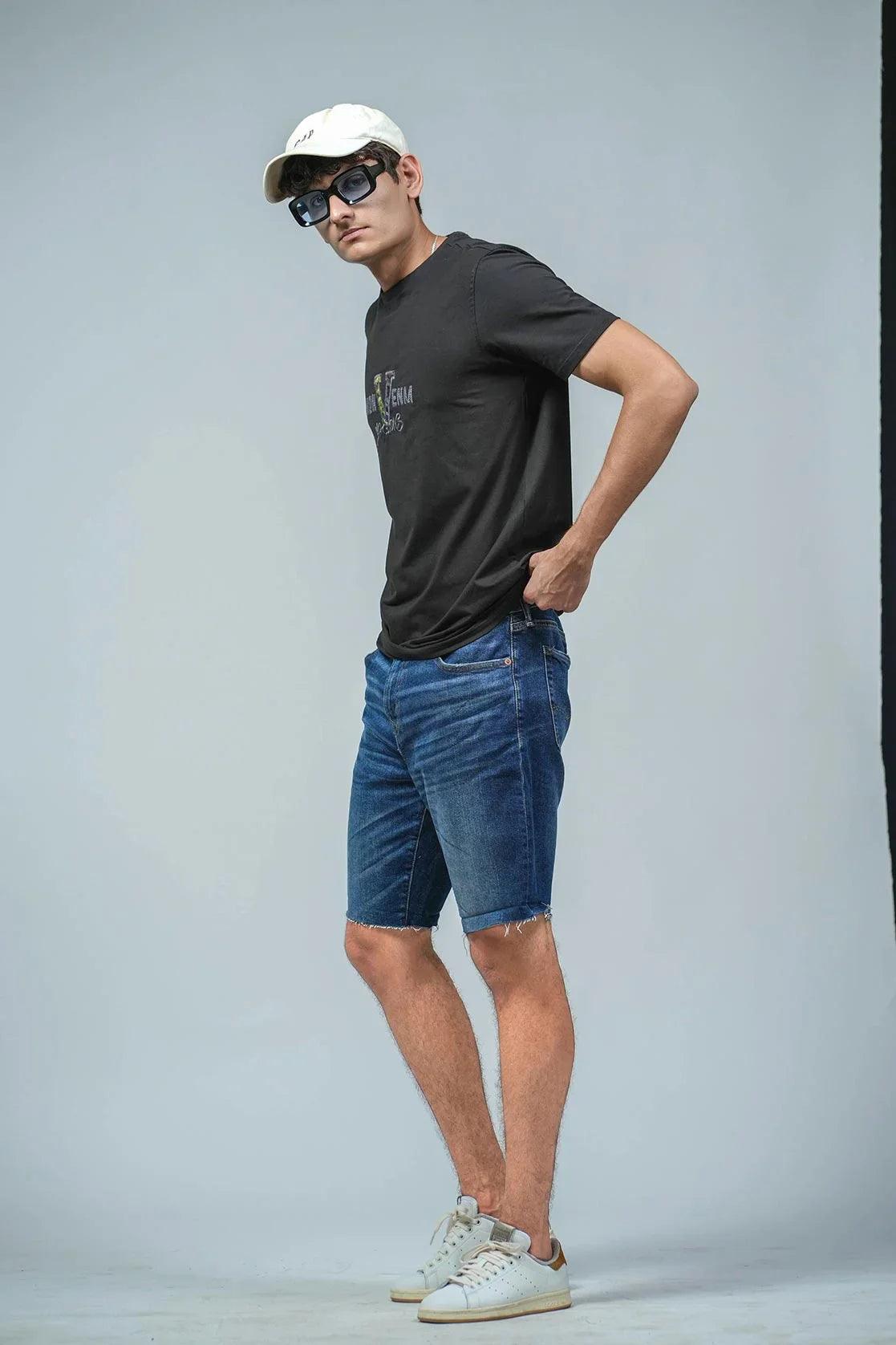 Fort Collins Men's Black Round Neck Short Sleeve T-Shirt with Embroidery Patch and Graphic Print