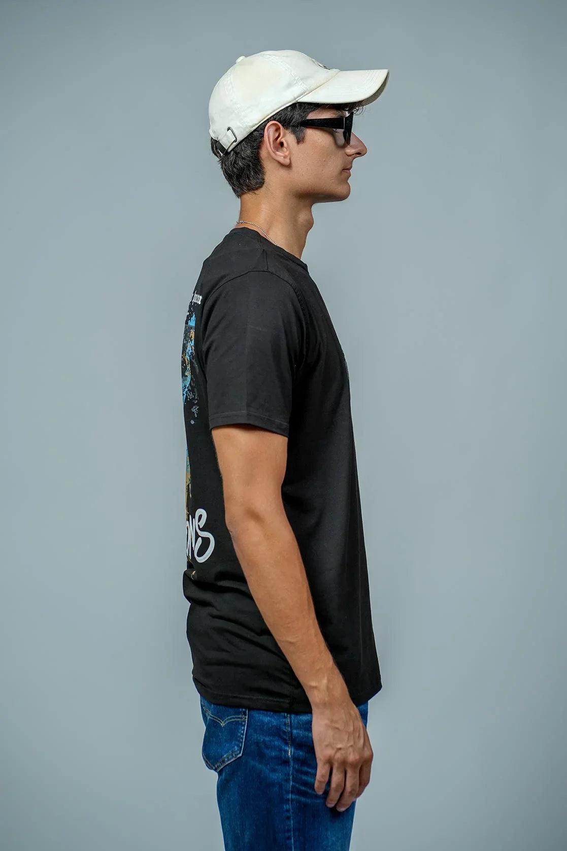 This black round neck short sleeve t-shirt for men from Fort Collins features an embroidery patch and graphic print.