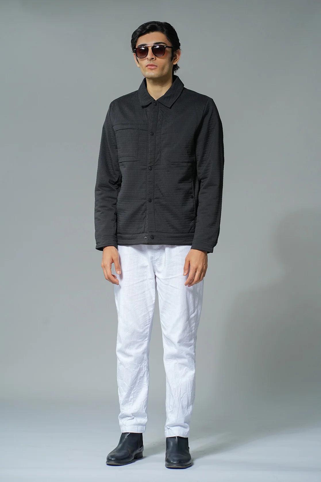 Experience the sophisticated style and superior quality of our Men's Black Structured Fabric Shacket, now available for purchase on our online store in India.