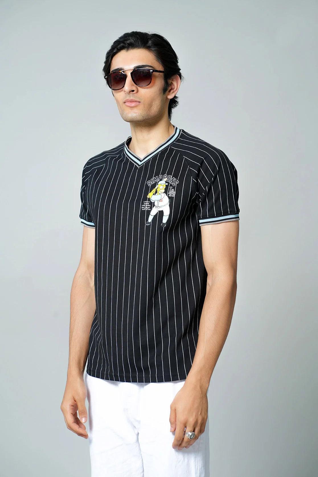 Elevate your wardrobe with our Fort Collins Men's Black with White Pinstriped Cotton-Lycra T-shirt, available for purchase online in India. Perfect for a stylish and modern update to your daily attire.