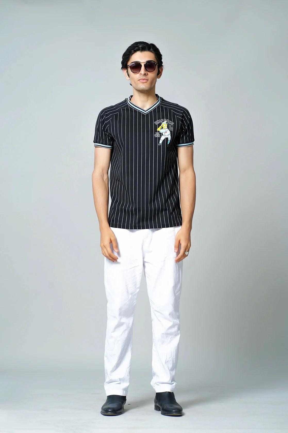 Upgrade your wardrobe with the Fort Collins Men's Black with White Pinstriped Cotton-Lycra T-shirt, available for purchase online from anywhere in India.