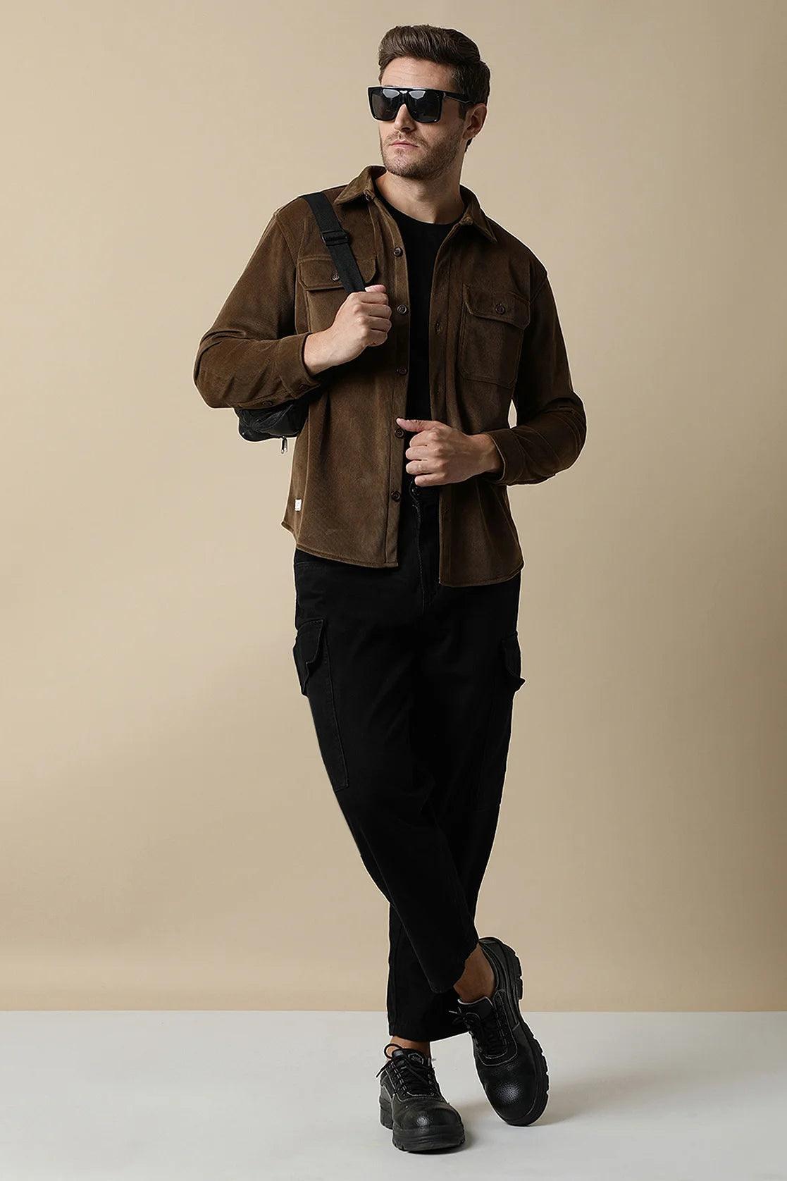 Experience the versatility and style of the Men's Brown Corduroy Shacket with Chest Pockets by Fort Collins, available for purchase online from anywhere in India.