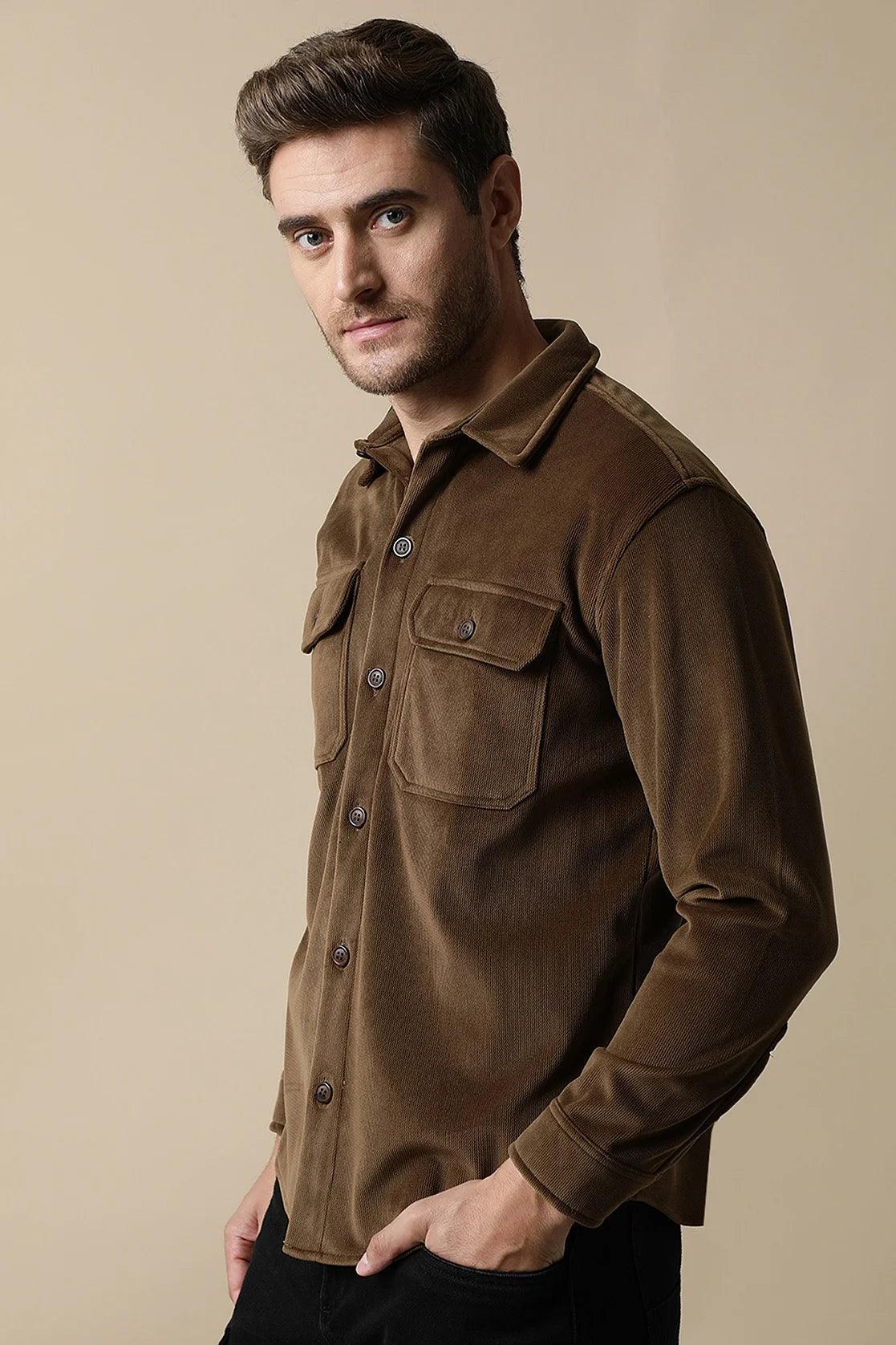 This Men's Brown Corduroy Shacket from Fort Collins features convenient chest pockets. Available for purchase online from anywhere in India.