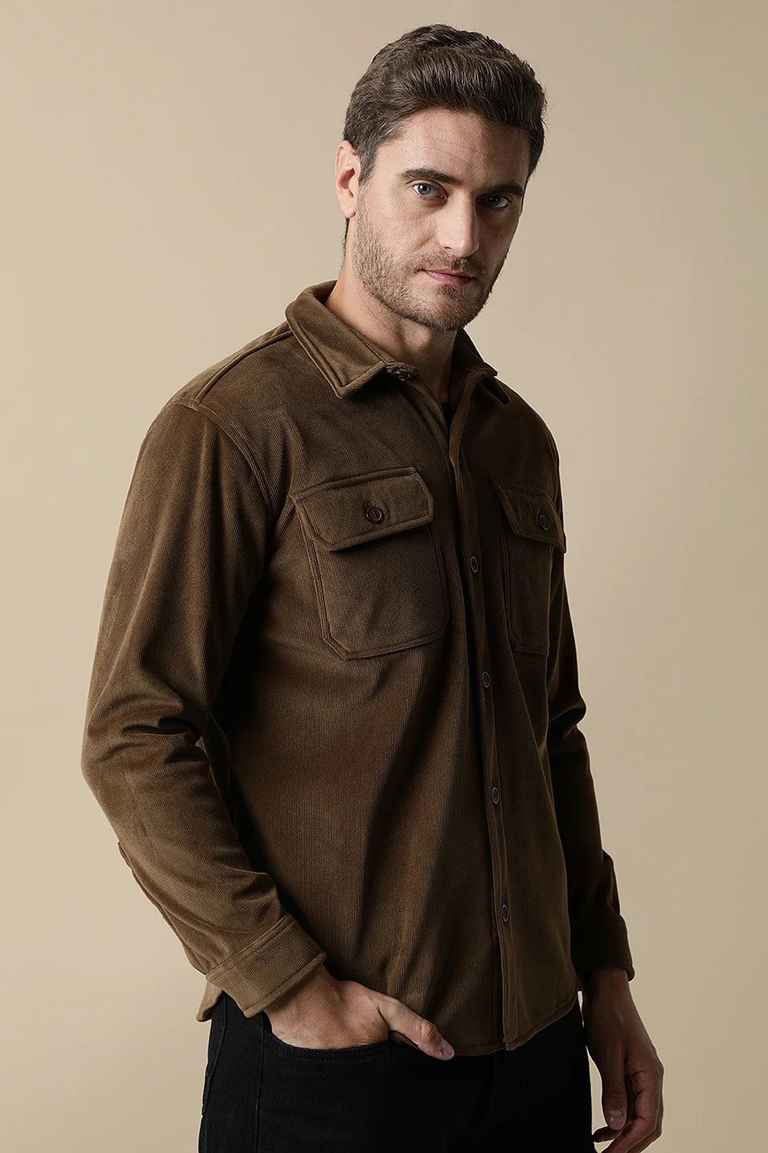 Experience ultimate comfort and style in the Men's Brown Corduroy Shacket with Chest Pockets by Fort Collins. Purchase this high-quality piece online from anywhere in India.