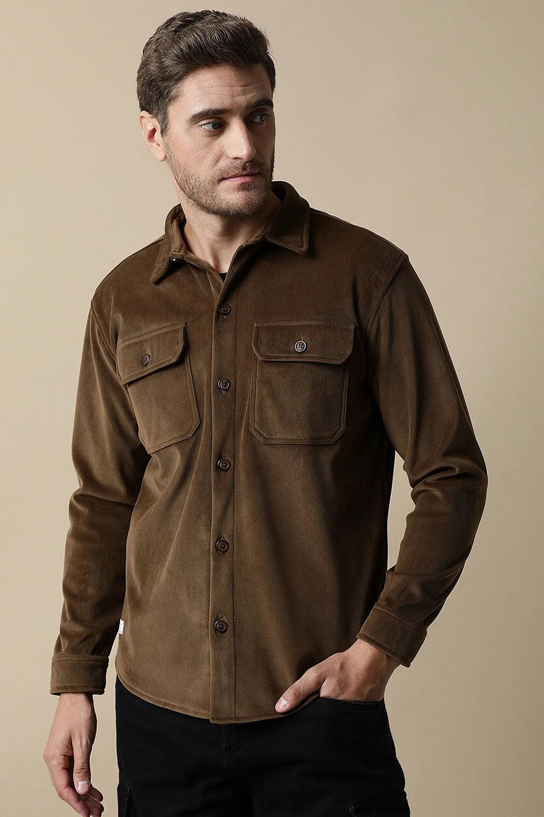 Buy the Men's Brown Corduroy Shacket with Chest Pockets from Fort Collins, available for online purchase in India.