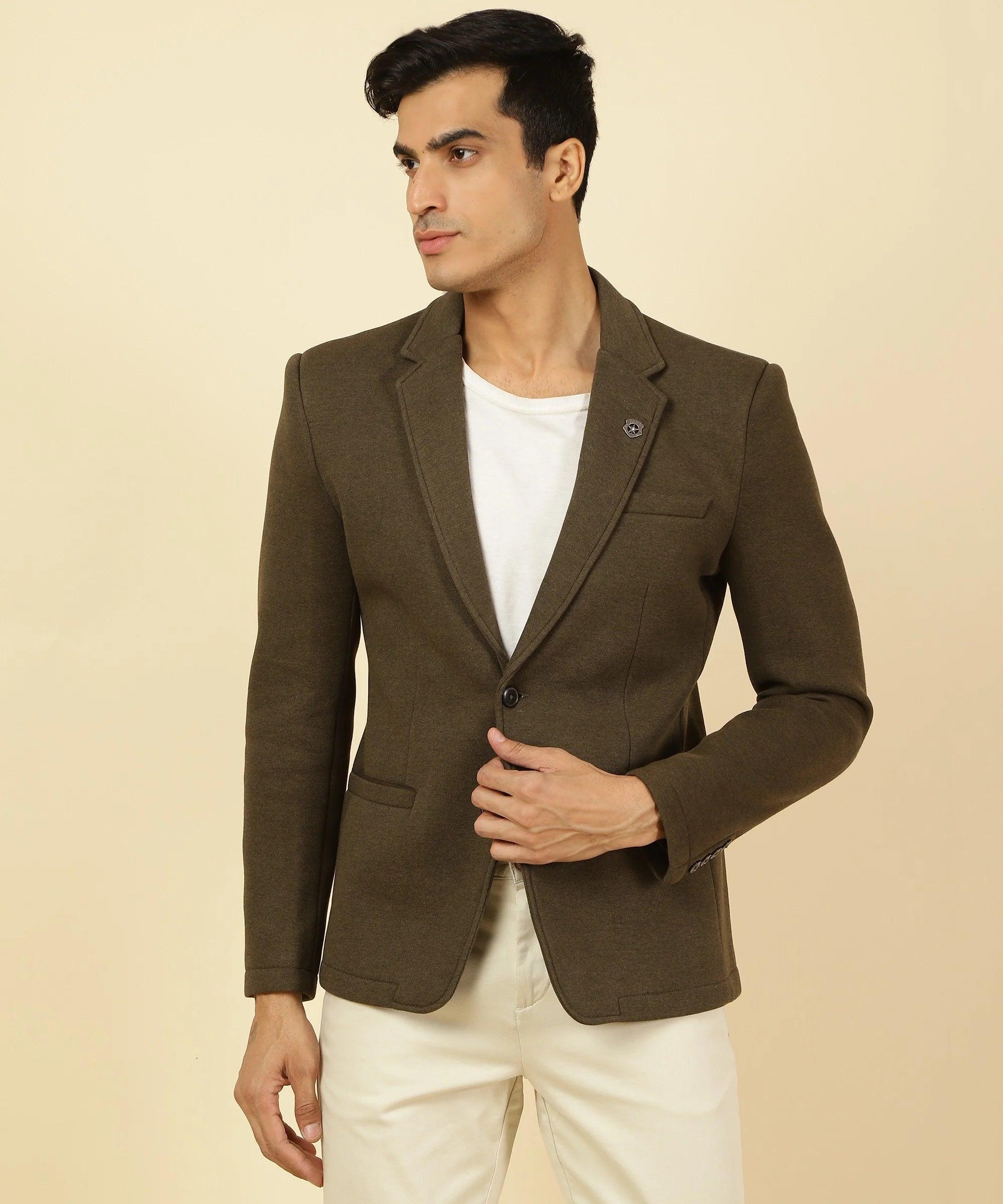 Men's Brown Melange Knitted Blazer with Notched Lapel