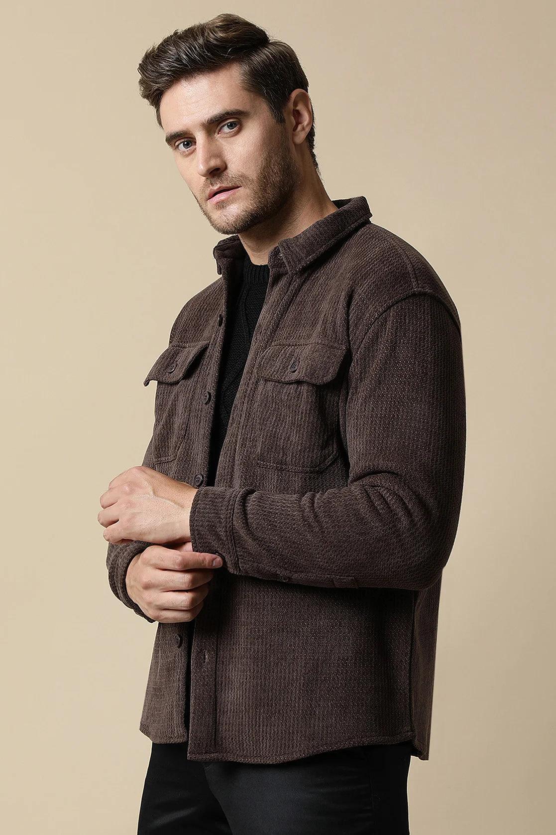 Discover the fashionable and practical Men's Brown Textured Shacket with Dual Chest Pockets by Fort Collins. Shop online now to upgrade your wardrobe from anywhere in India with ease.