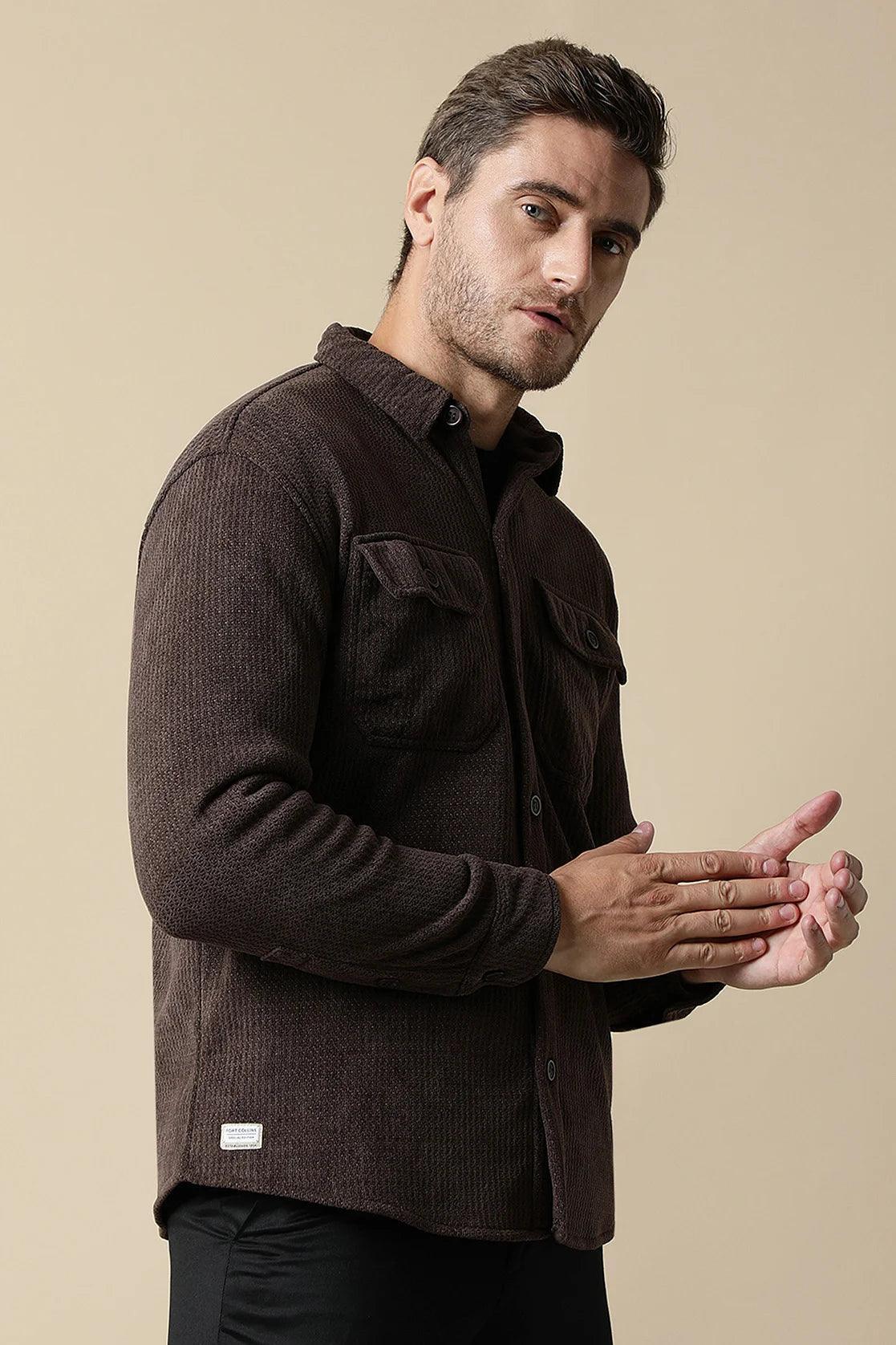 Discover the trendy wardrobe must-have for men - the Men's Brown Textured Shacket with Dual Chest Pockets by Fort Collins. Available for online shopping in India.