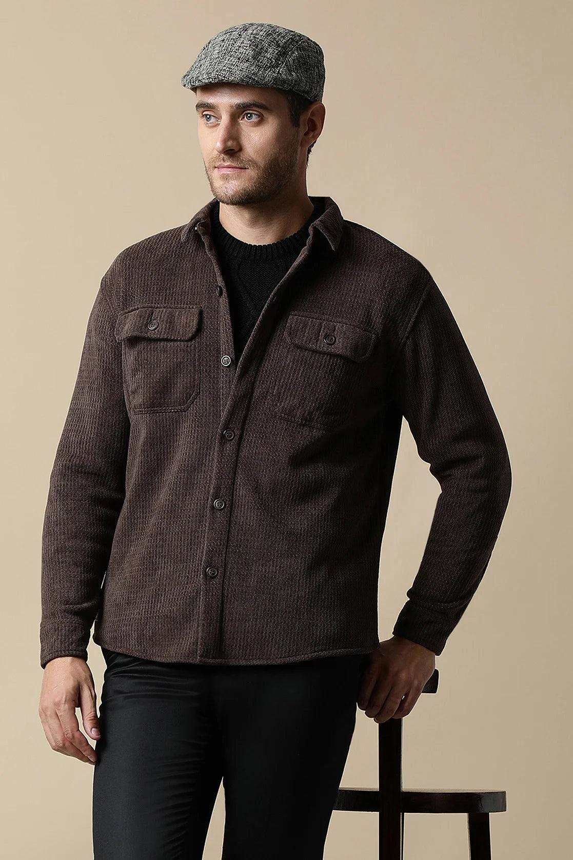 Discover the stylish and functional Men's Brown Textured Shacket with Dual Chest Pockets, exclusively from Fort Collins. Shop now to elevate your wardrobe with this must-have piece, available for online purchase throughout India.