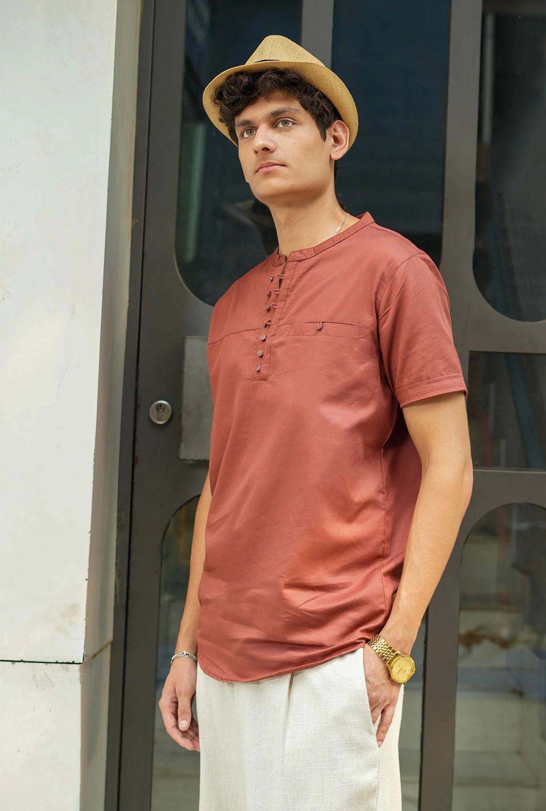 Men's Rust Relaxed Fit Mandarin Collar T-Shirt Kurta With Chest Pocket