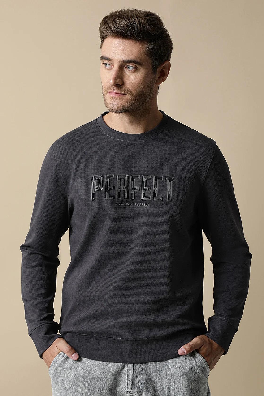 Men s Dark Grey Round Neck Sweatshirt with Embossed Chest Print