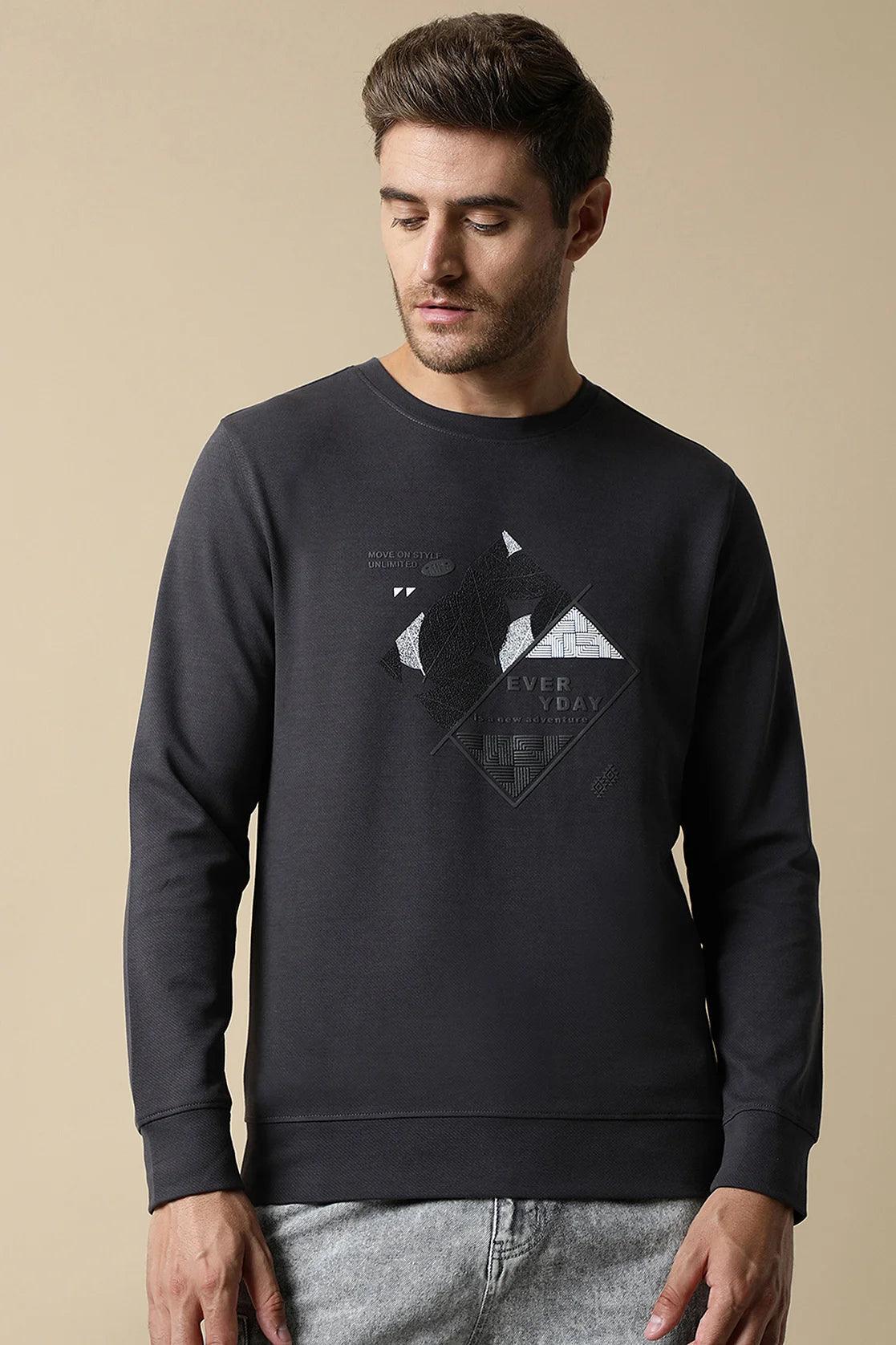 Men's Dark Grey Round Neck Sweatshirt with Embossed Graphic