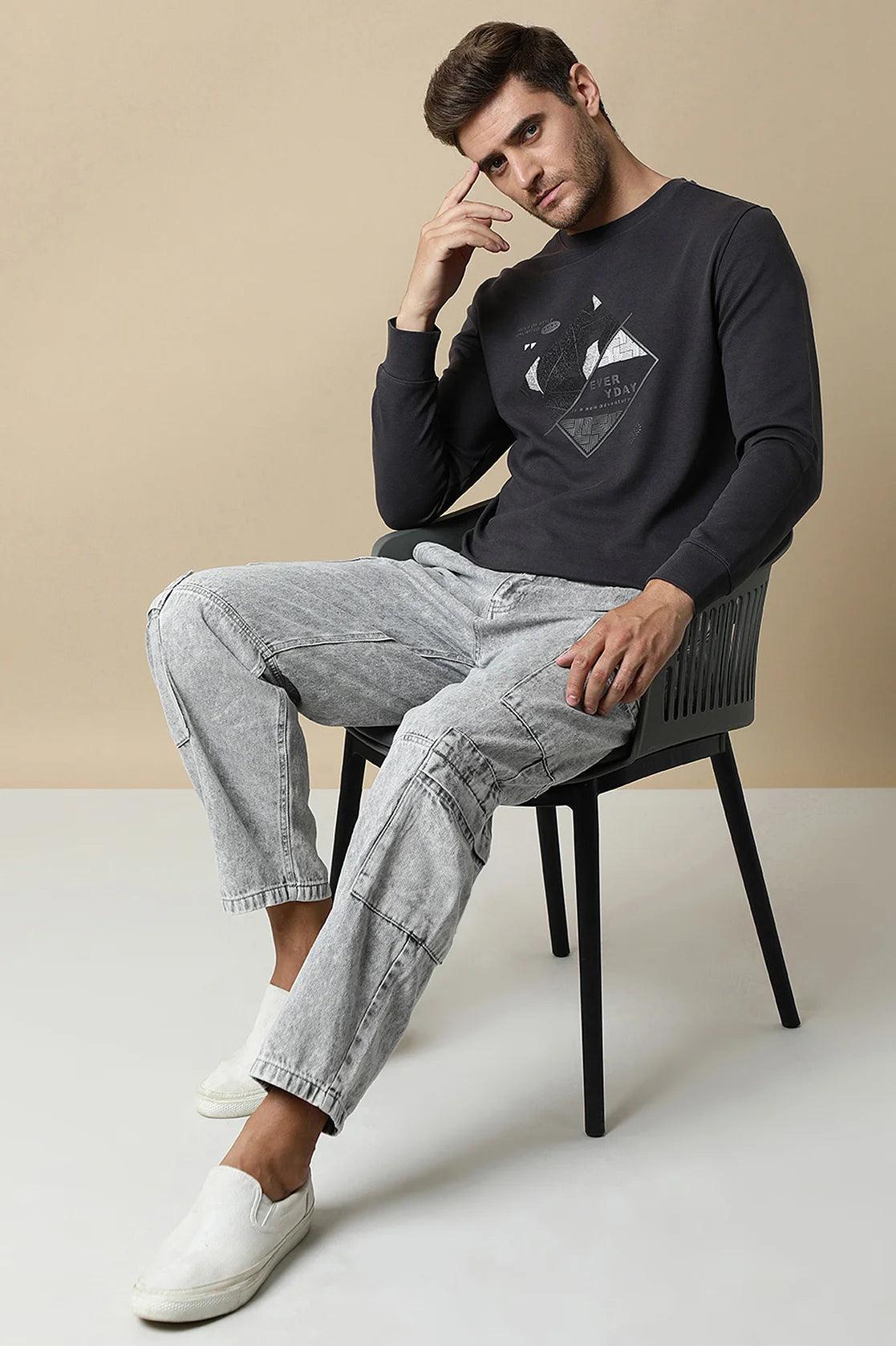 Men's Dark Grey Round Neck Sweatshirt with Embossed Graphic