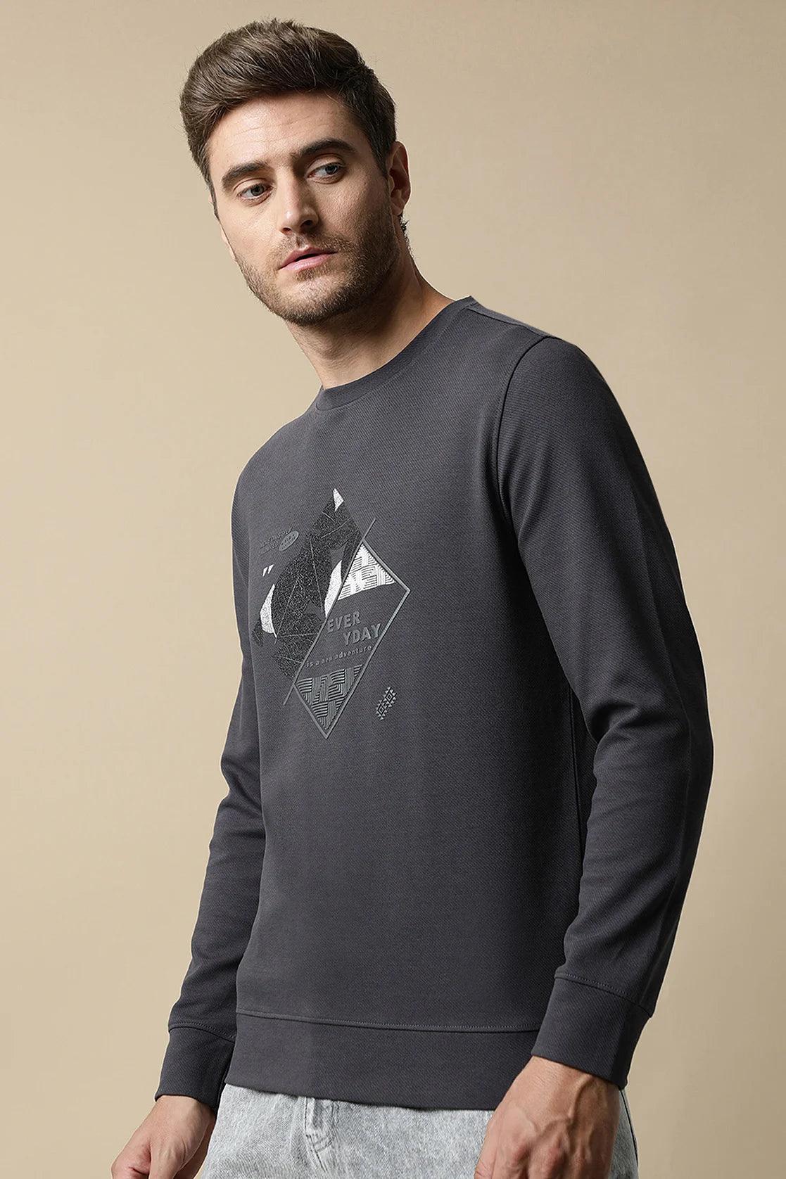 Men's Dark Grey Round Neck Sweatshirt with Embossed Graphic