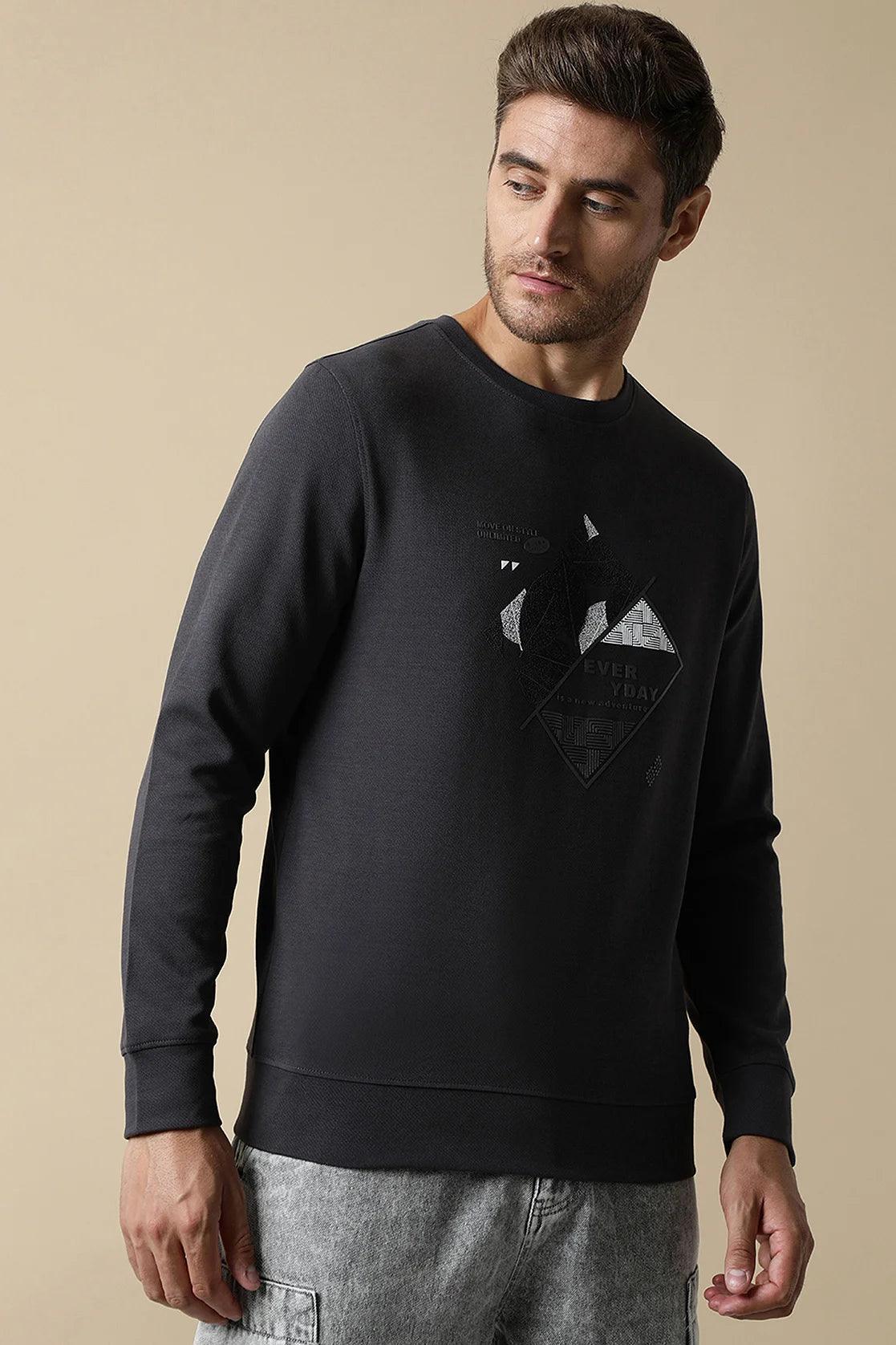 Men's Dark Grey Round Neck Sweatshirt with Embossed Graphic