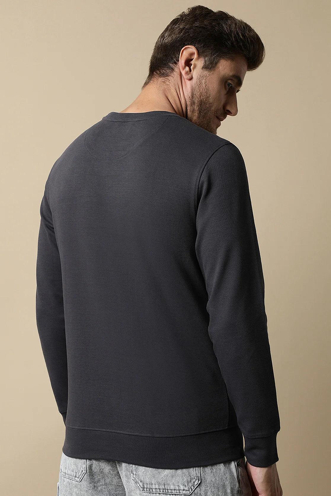 Men's Dark Grey Round Neck Sweatshirt with Embossed Graphic