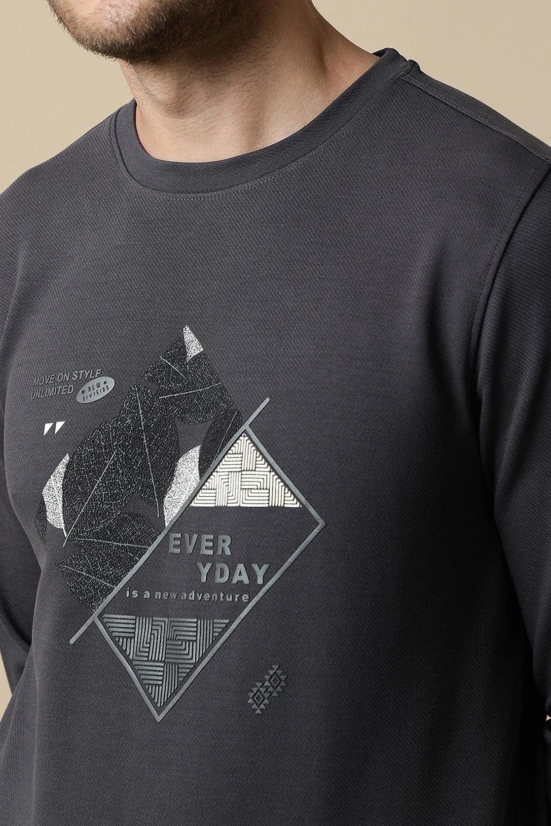 Men's Dark Grey Round Neck Sweatshirt with Embossed Graphic