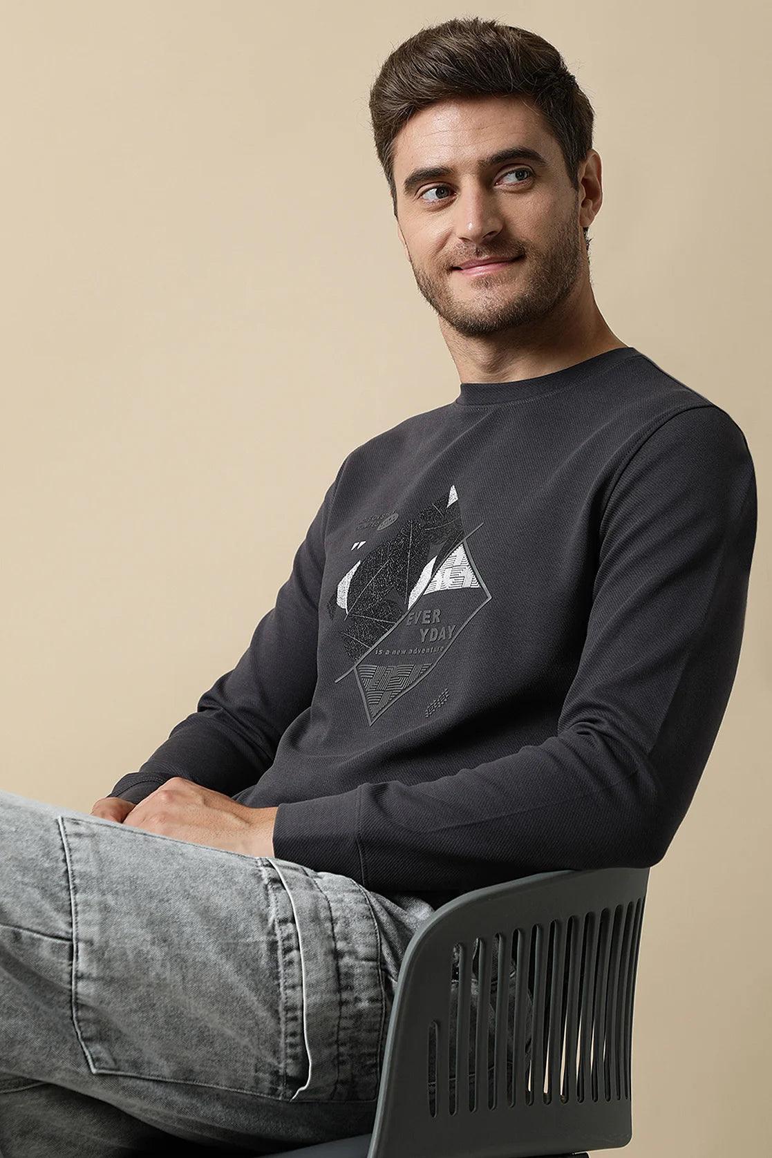 Men's Dark Grey Round Neck Sweatshirt with Embossed Graphic