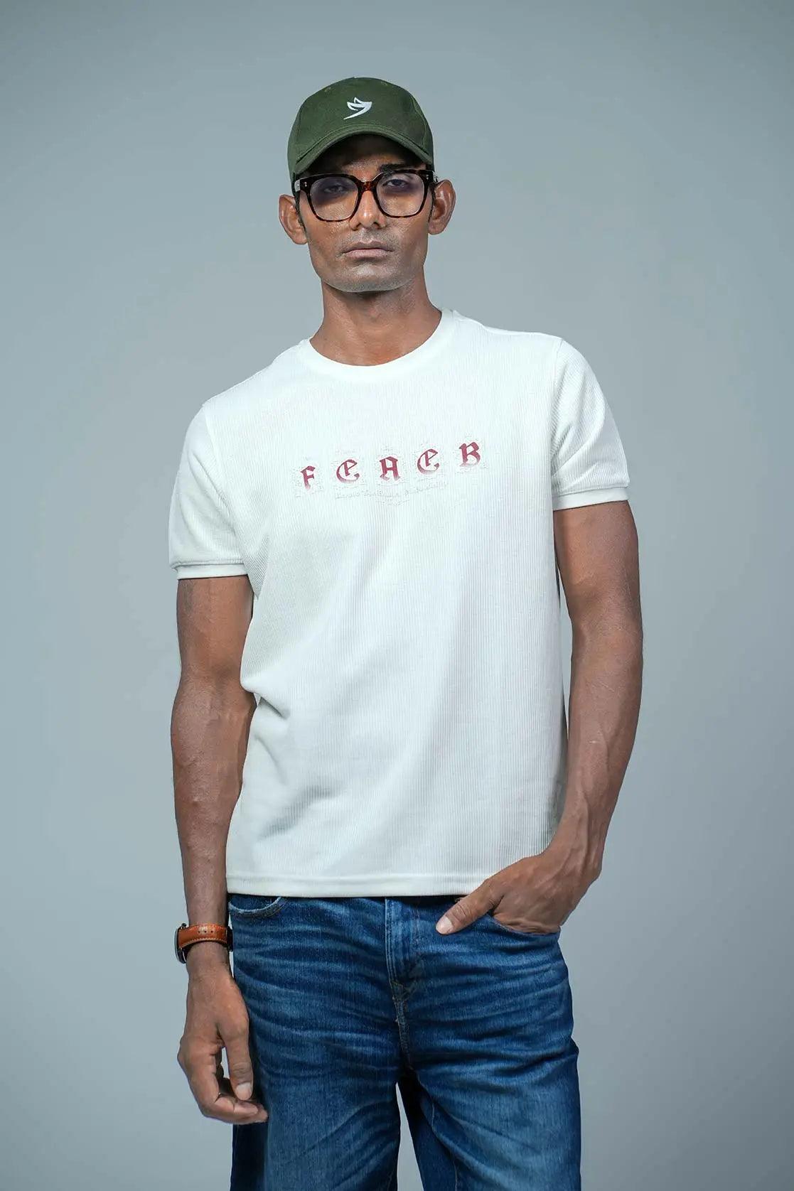 Men's Off White Embossed Print Round Neck Short Sleeve T-Shirt