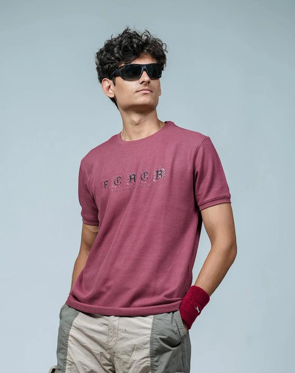 Men's Maroon Embossed Print Round Neck Short Sleeve T-Shirt