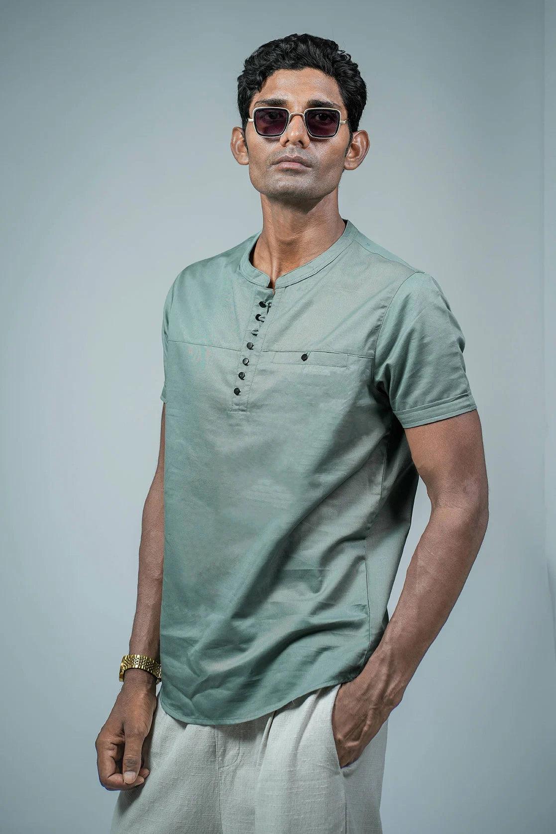 Men's Green Relaxed Fit Mandarin Collar T-Shirt Kurta With Chest Pocket