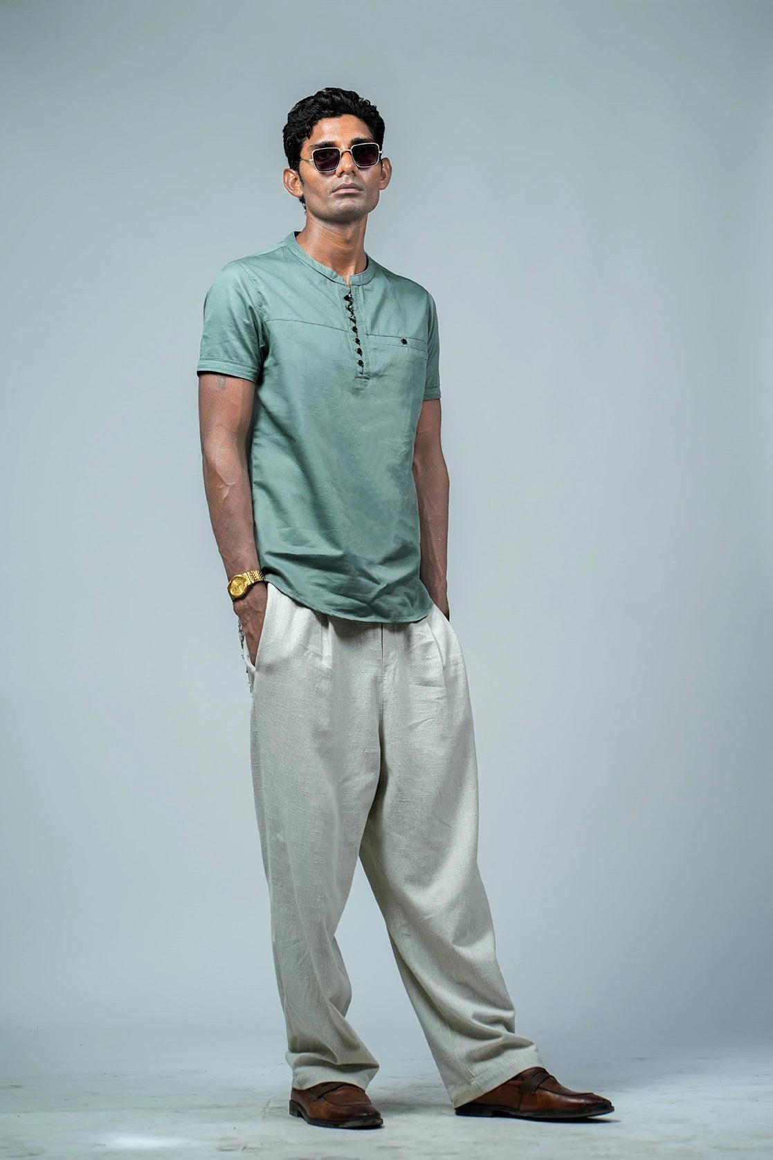 Men's Green Relaxed Fit Mandarin Collar T-Shirt Kurta With Chest Pocket